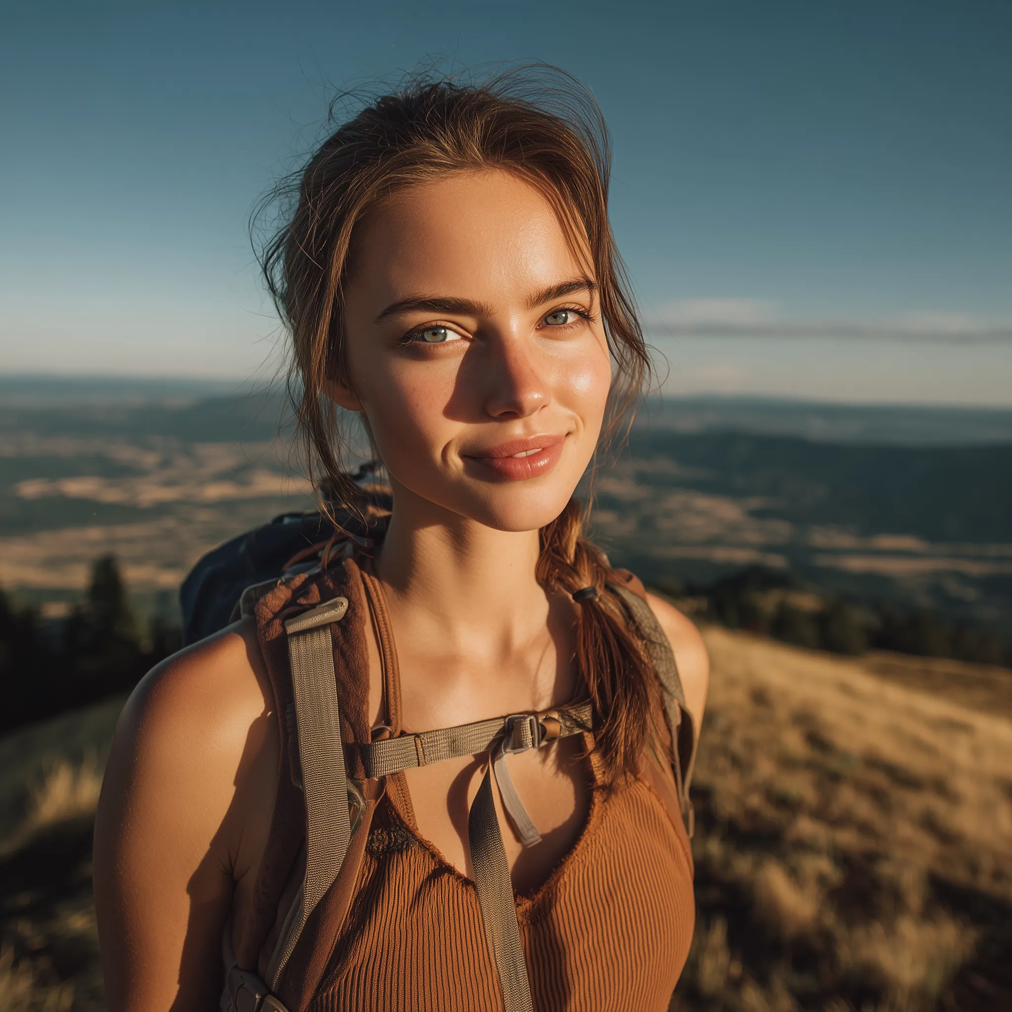 Smiling hiker at sunset on mountain trail