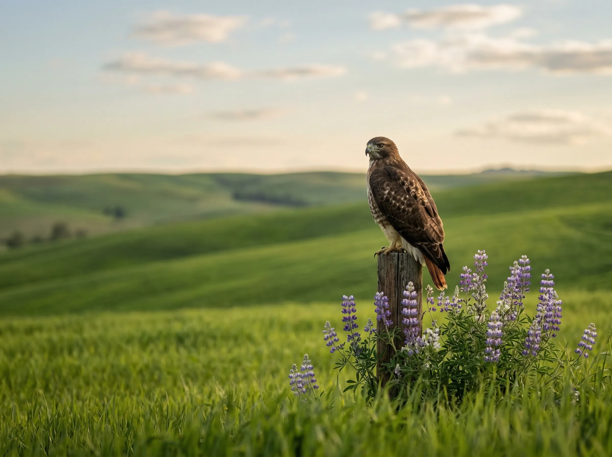 Hawk Perched in Green Meadow