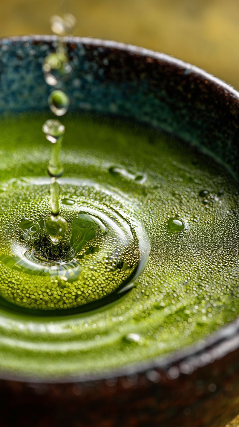Macro Shot of Matcha Tea Drop Creating Ripples