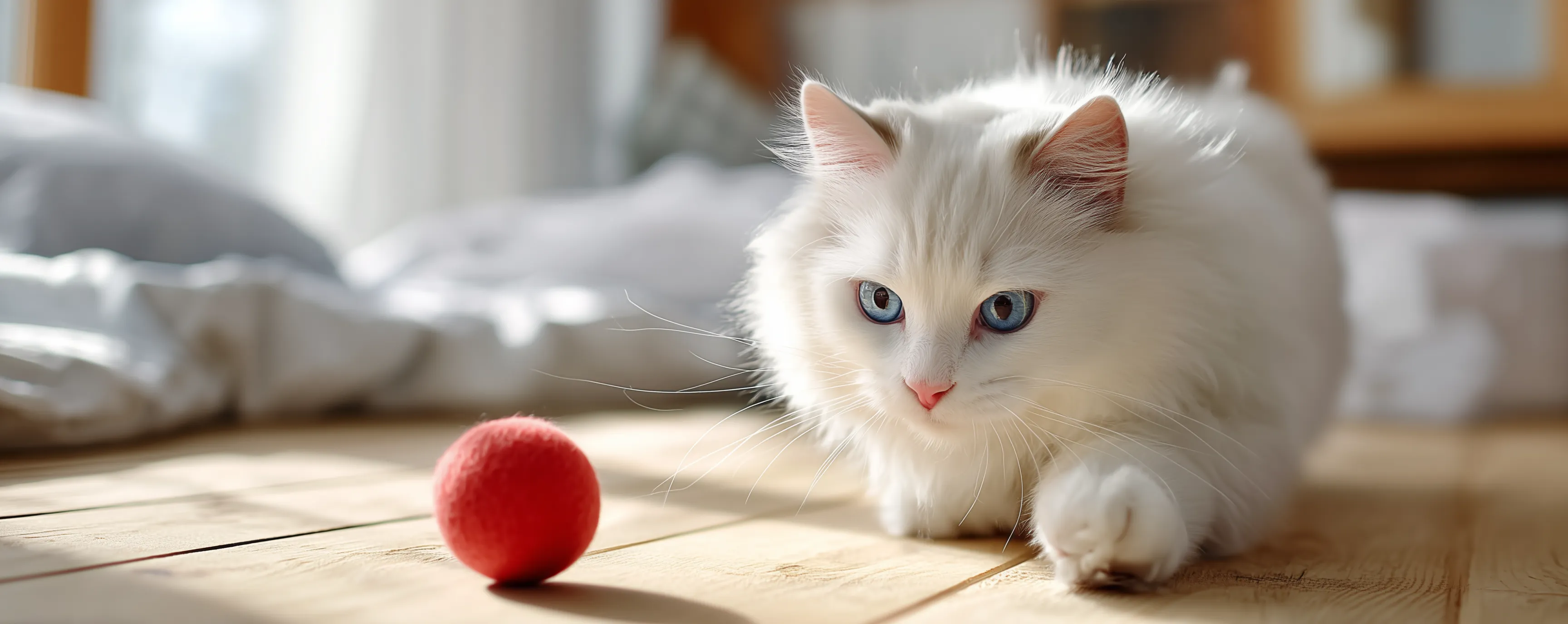 White cat with blue eyes stalking red ball indoors