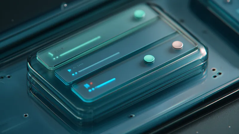 Futuristic teal glass UI controls in 3D render