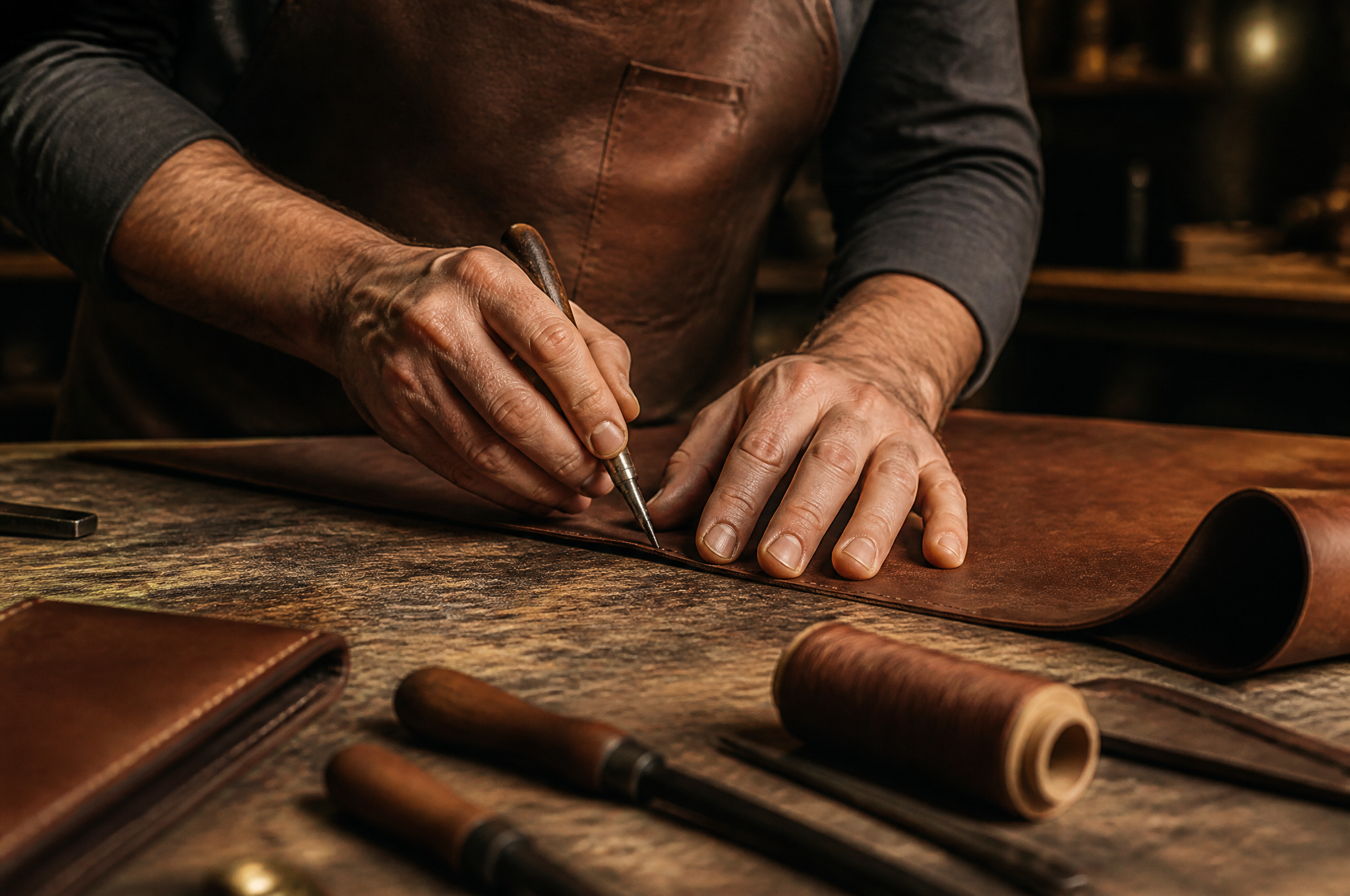 Hands working on leather