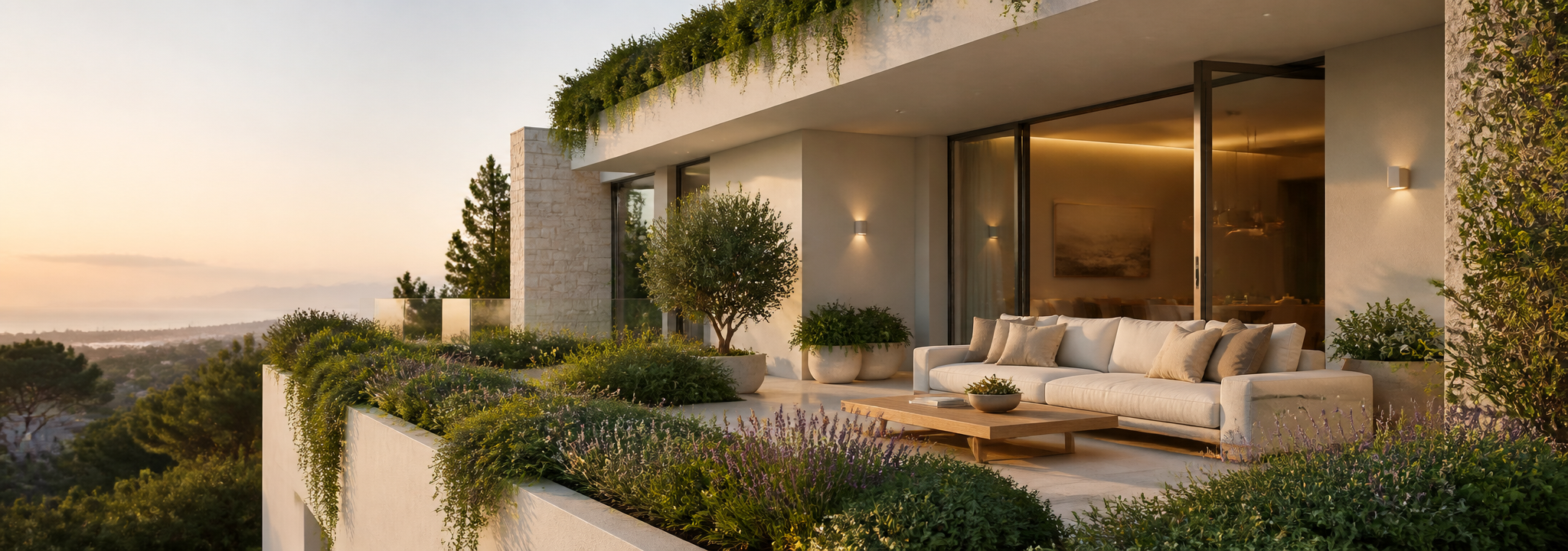Villa exterior with planted terrace edge and clean rendered walls