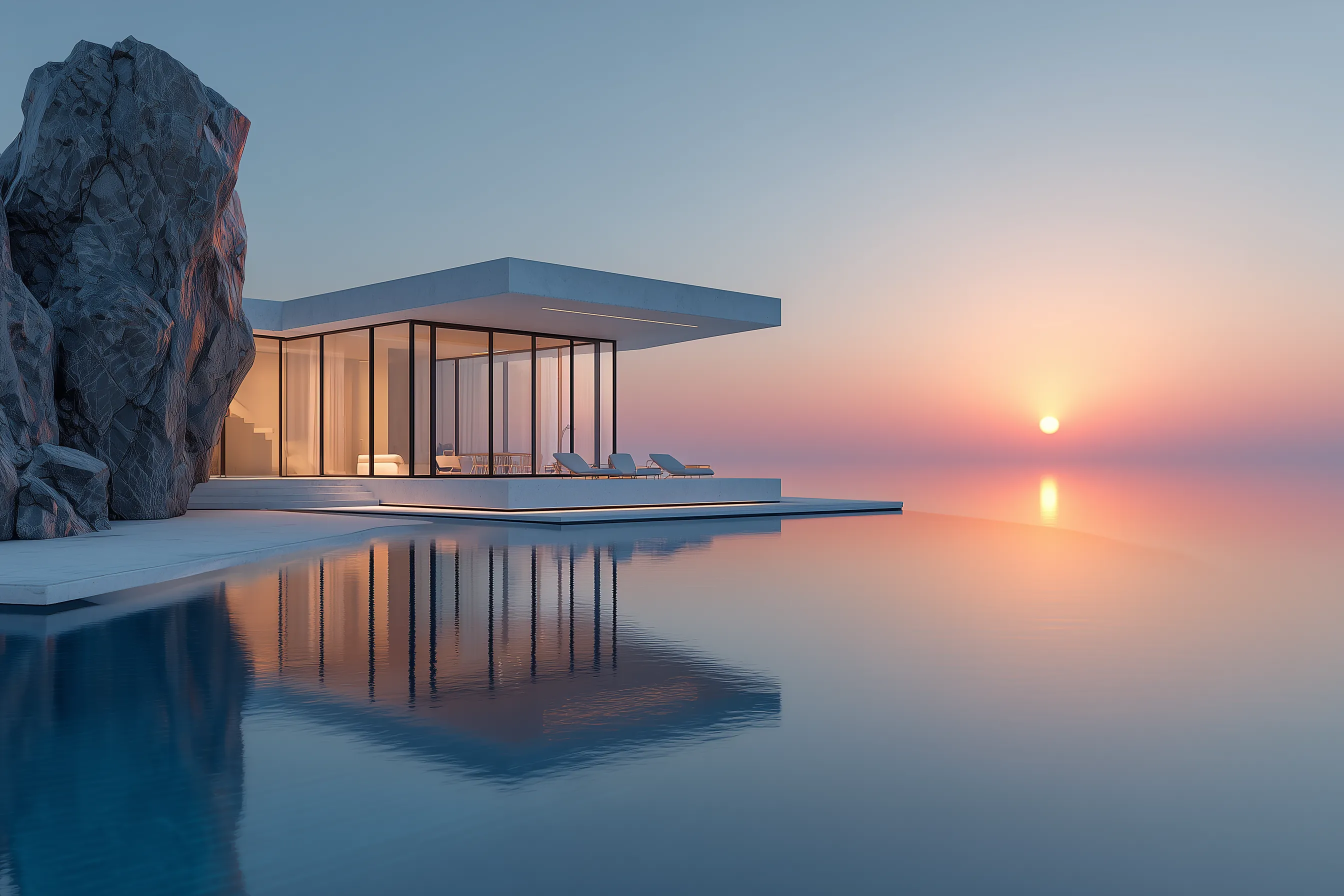 Modern cliffside villa at sunset with infinity pool