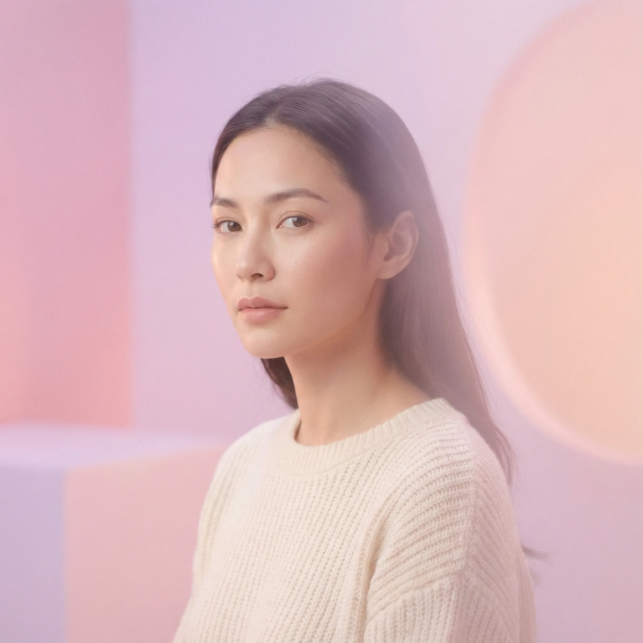 Soft portrait of woman in pastel studio