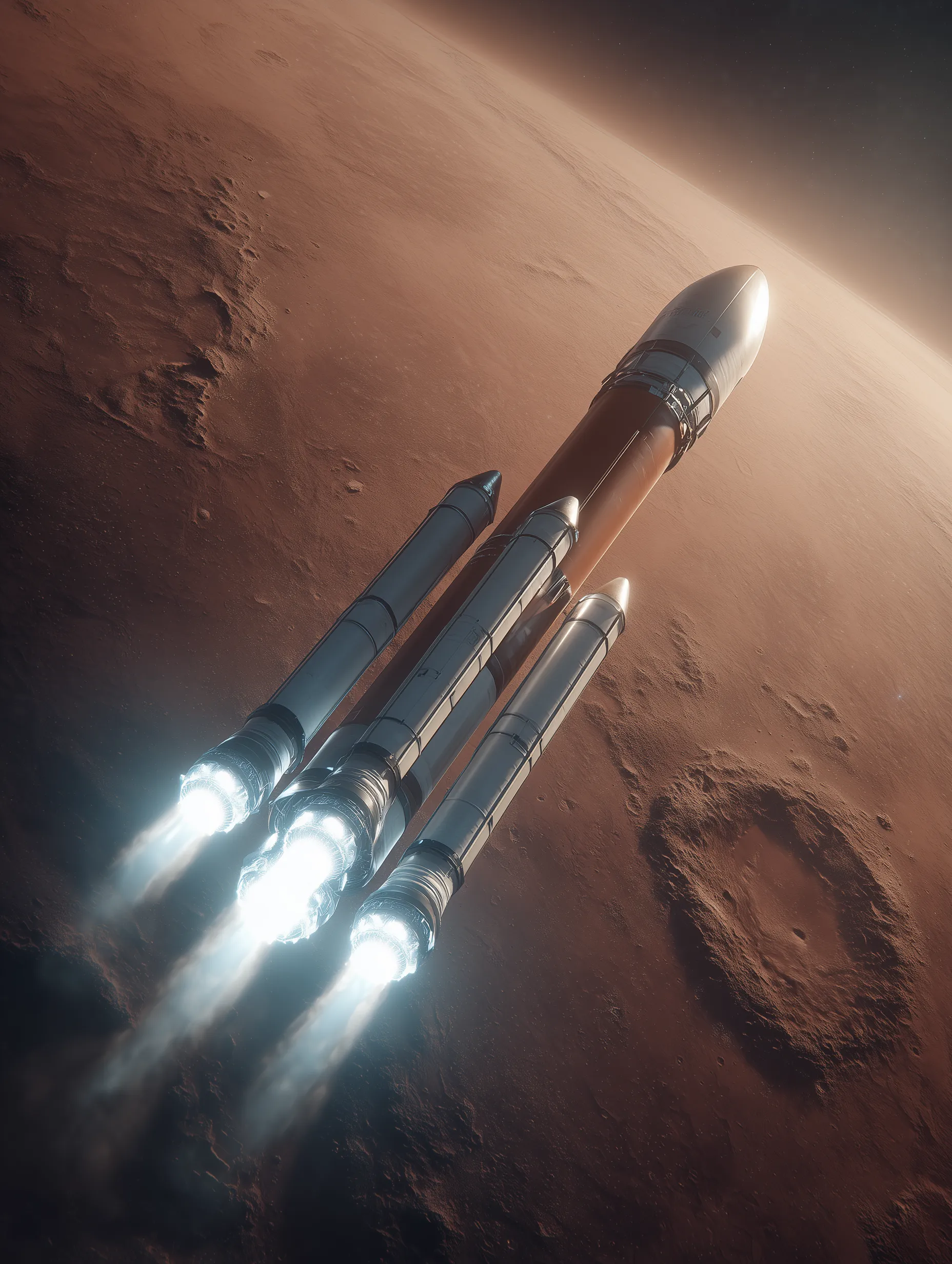 Space Rocket Launching Over Martian Landscape