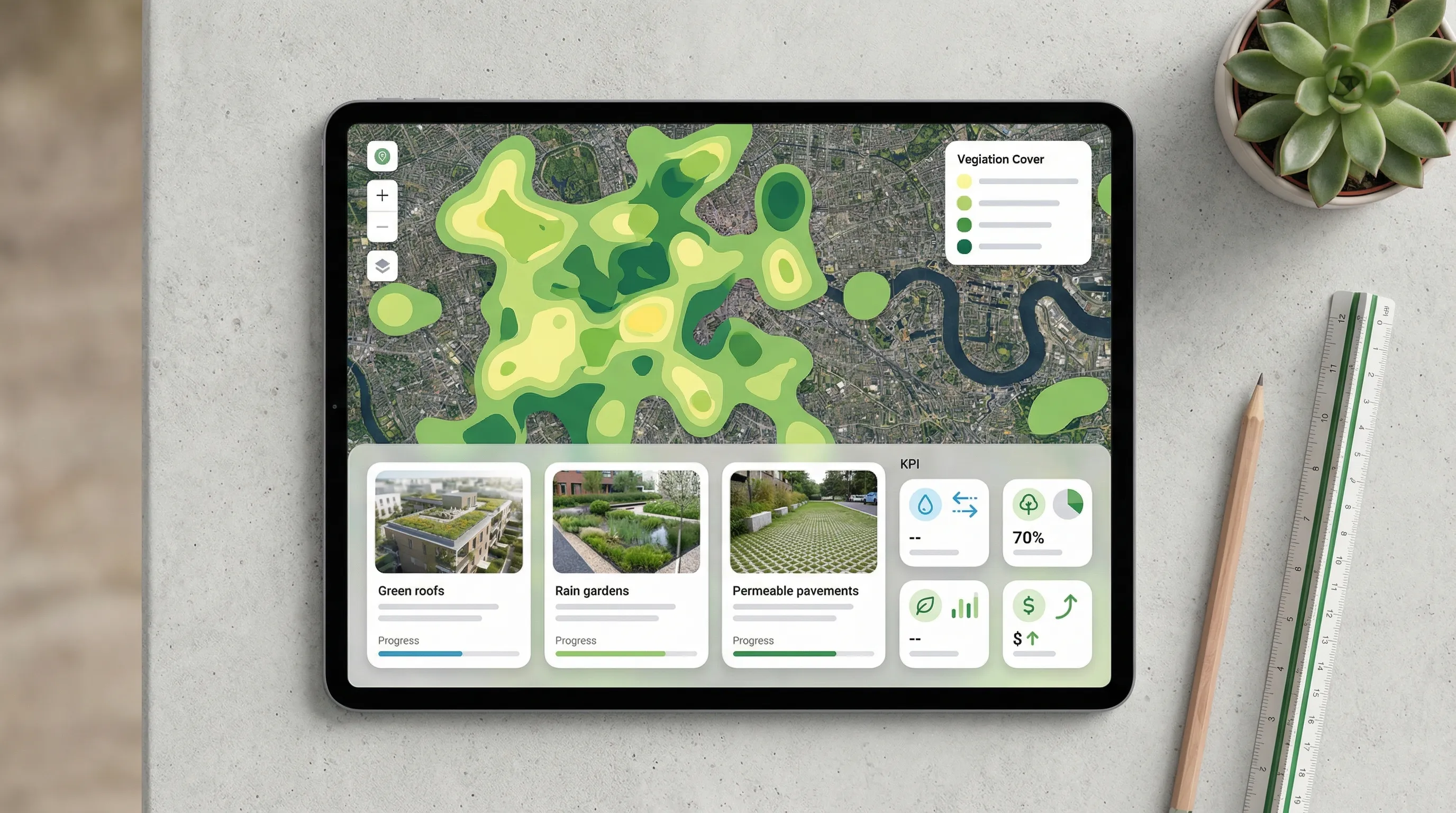 Tablet with urban green infrastructure dashboard