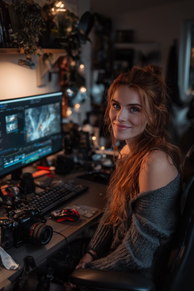 Female video editor at cozy workstation
