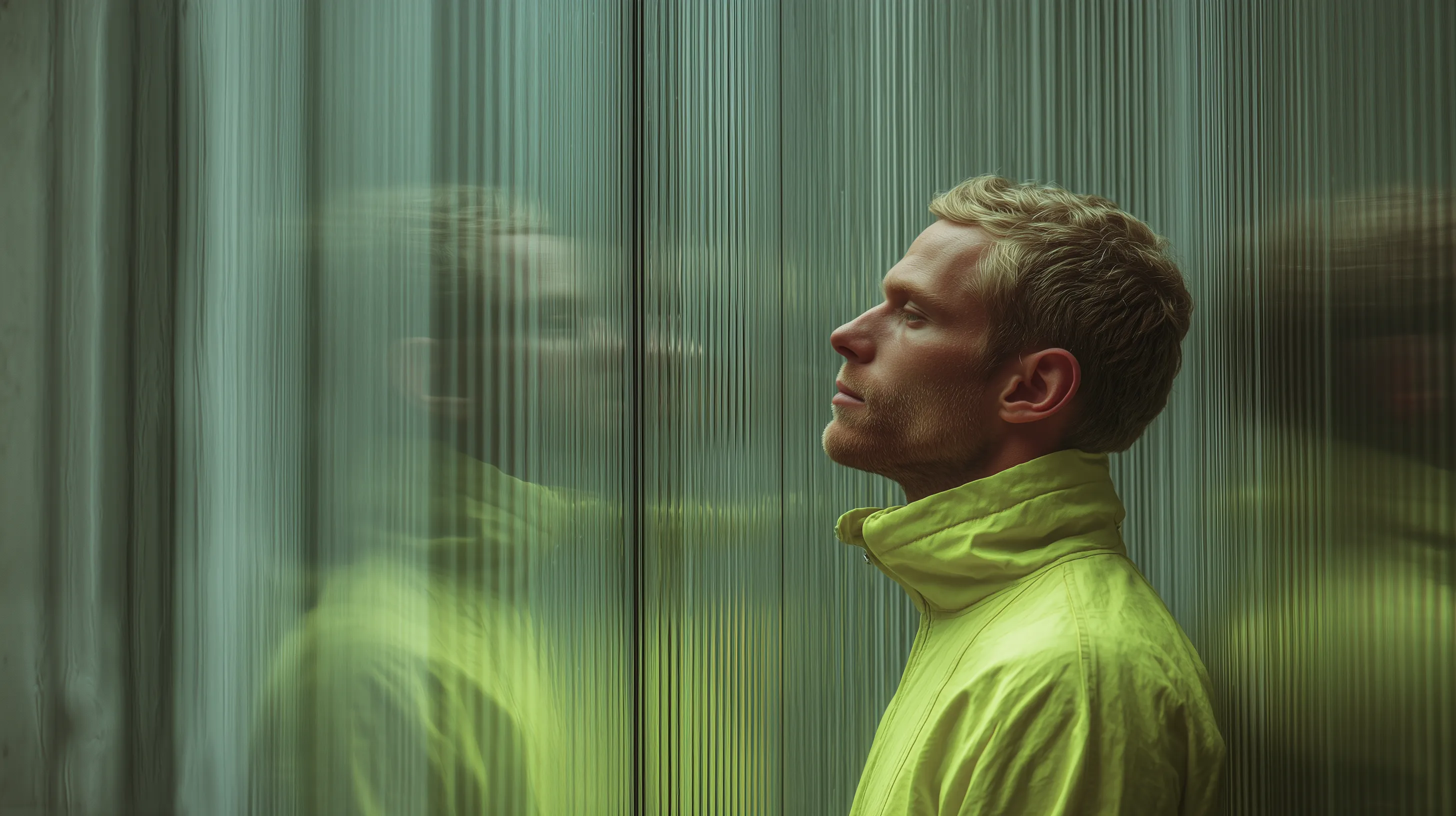 Man in neon jacket beside textured glass wall