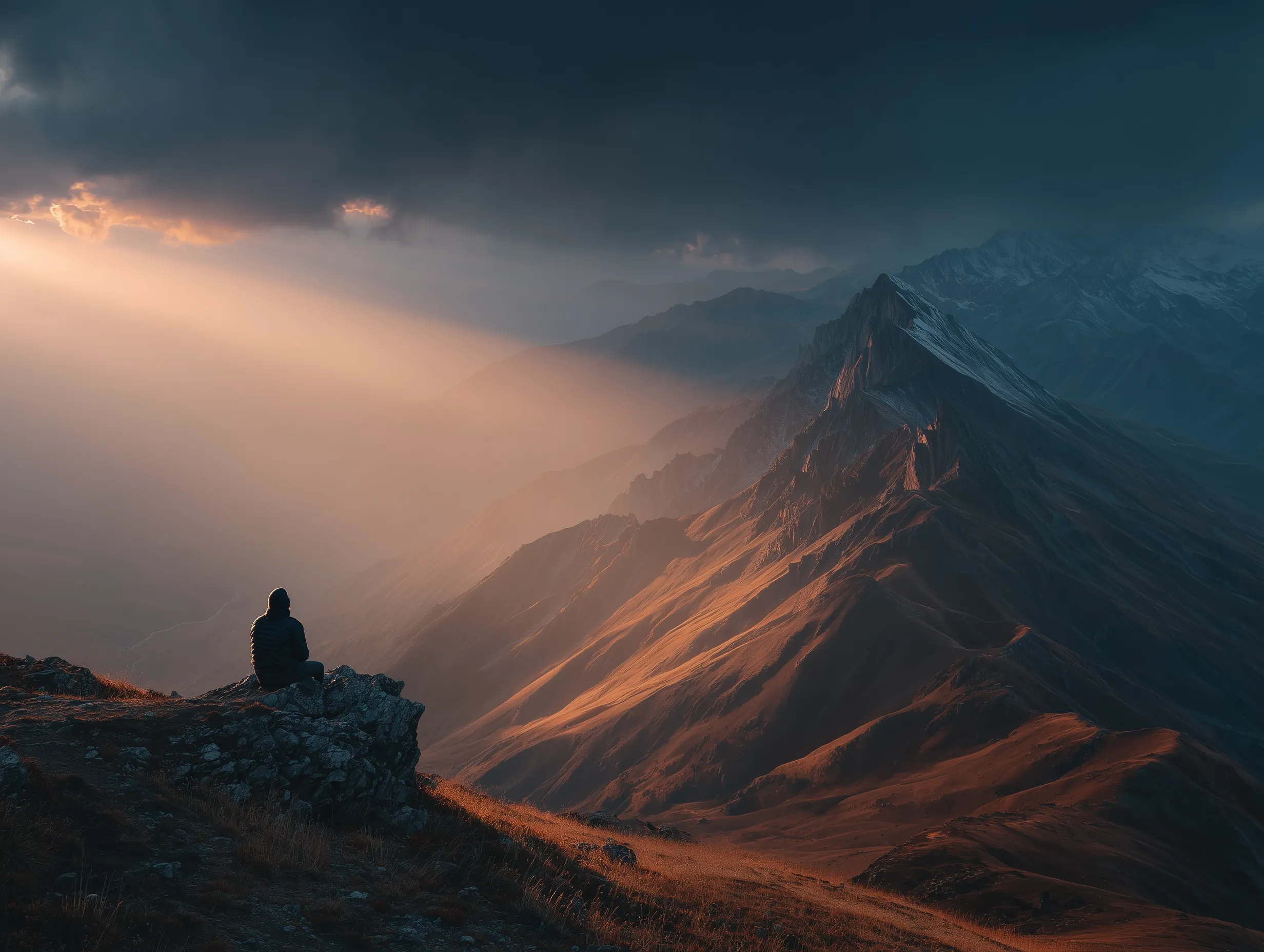 Hiker Overlooking Dramatic Mountain Ridge at Sunset