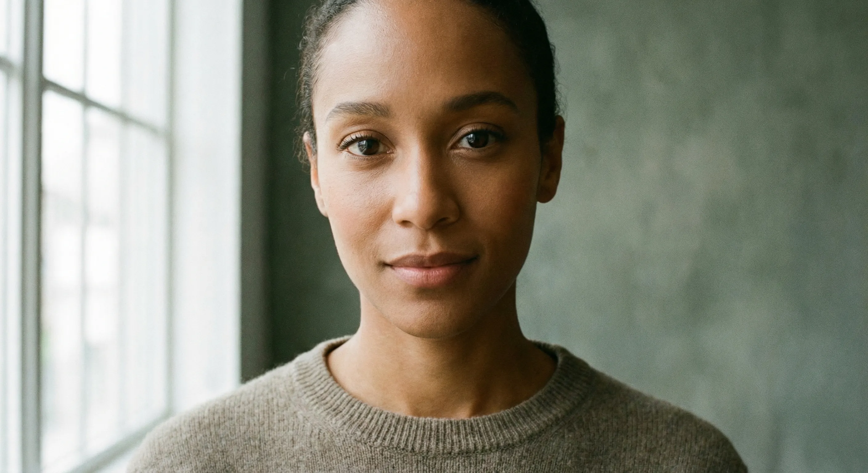 Calm woman portrait by window