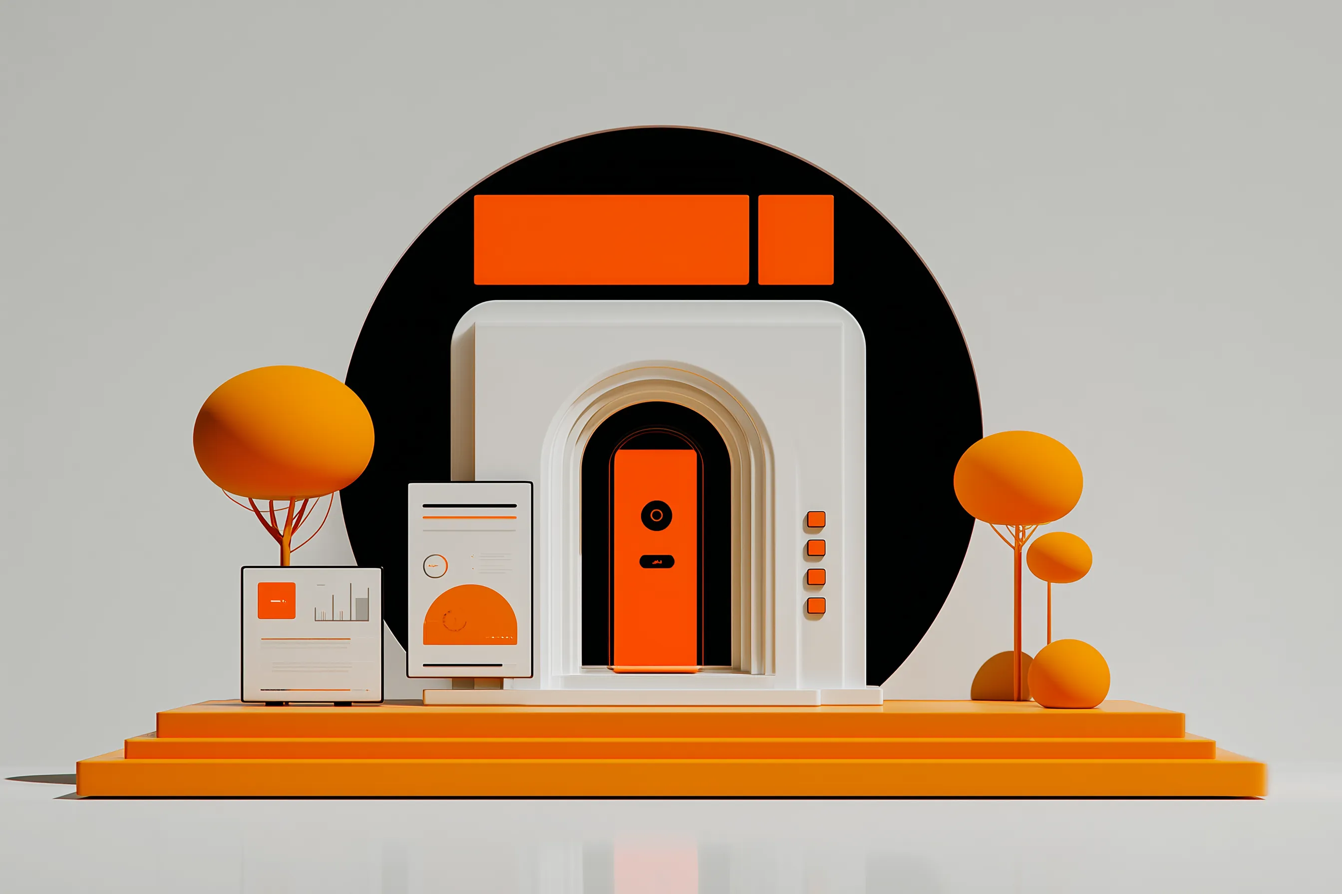 Abstract orange smart home entrance 3D render