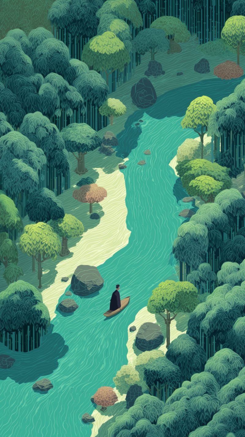 Illustrated Forest River with Lone Boat