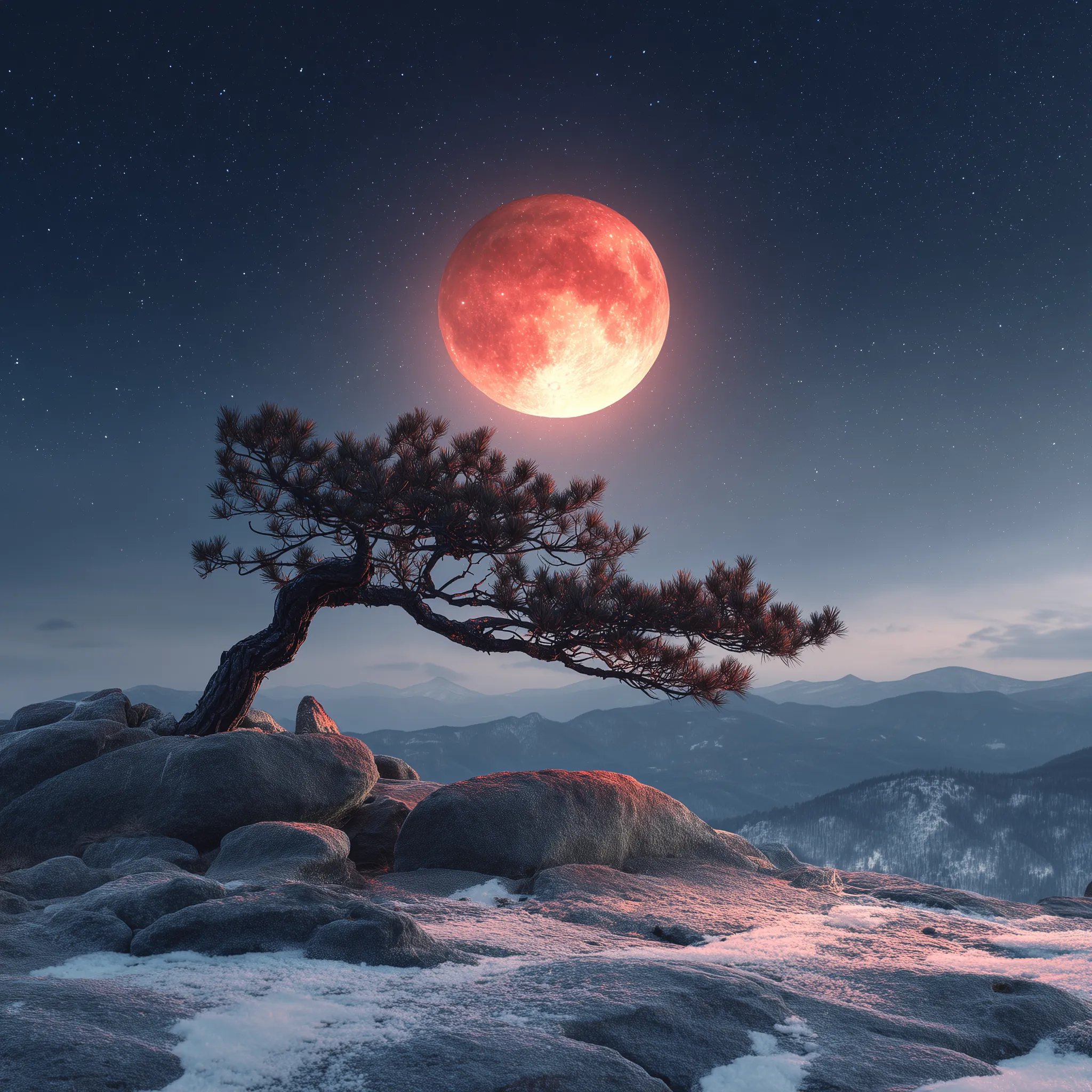 Blood Moon Over Windswept Pine