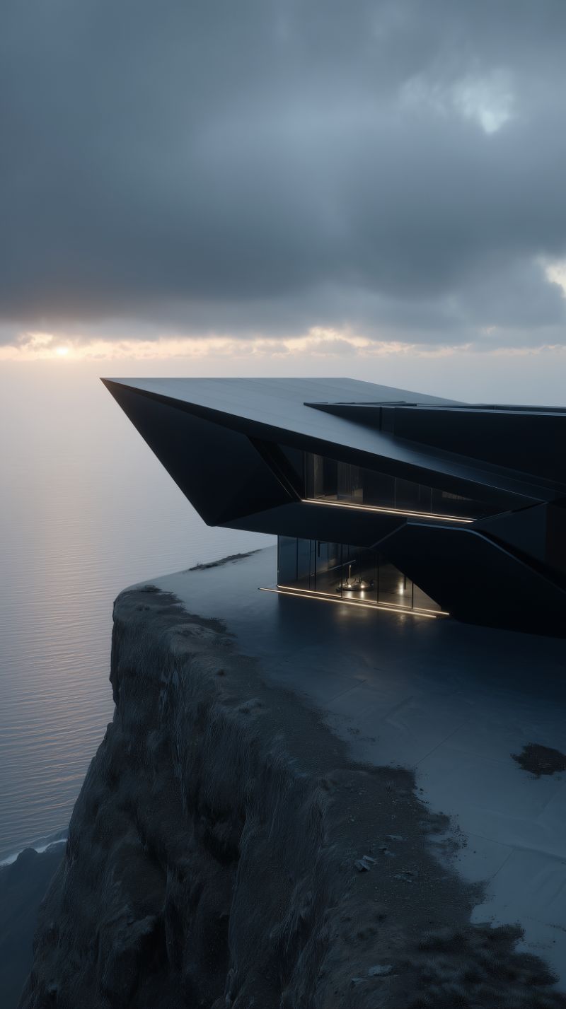 Futuristic cantilever house on ocean cliff at dusk
