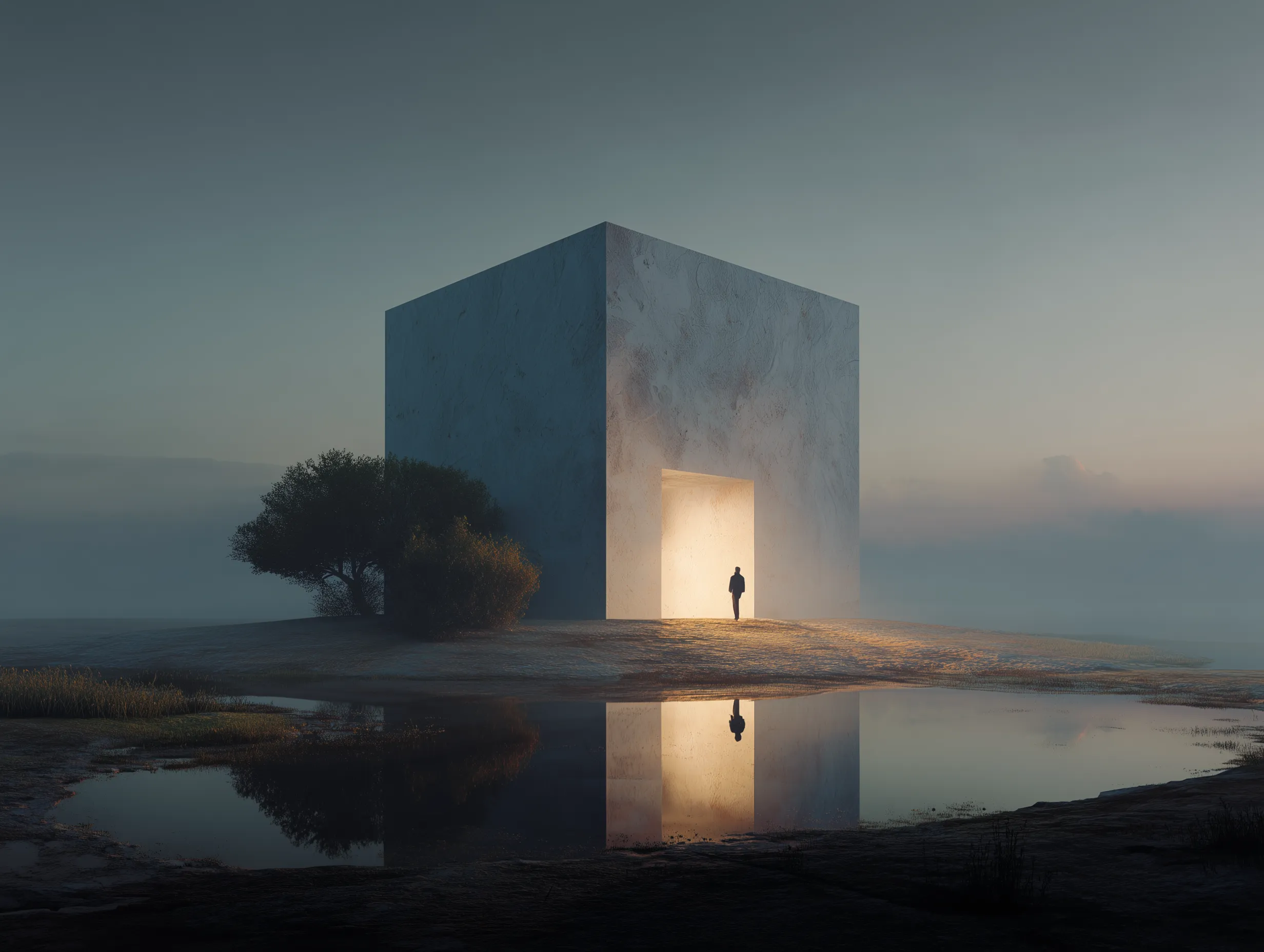 Surreal monolith doorway at dusk