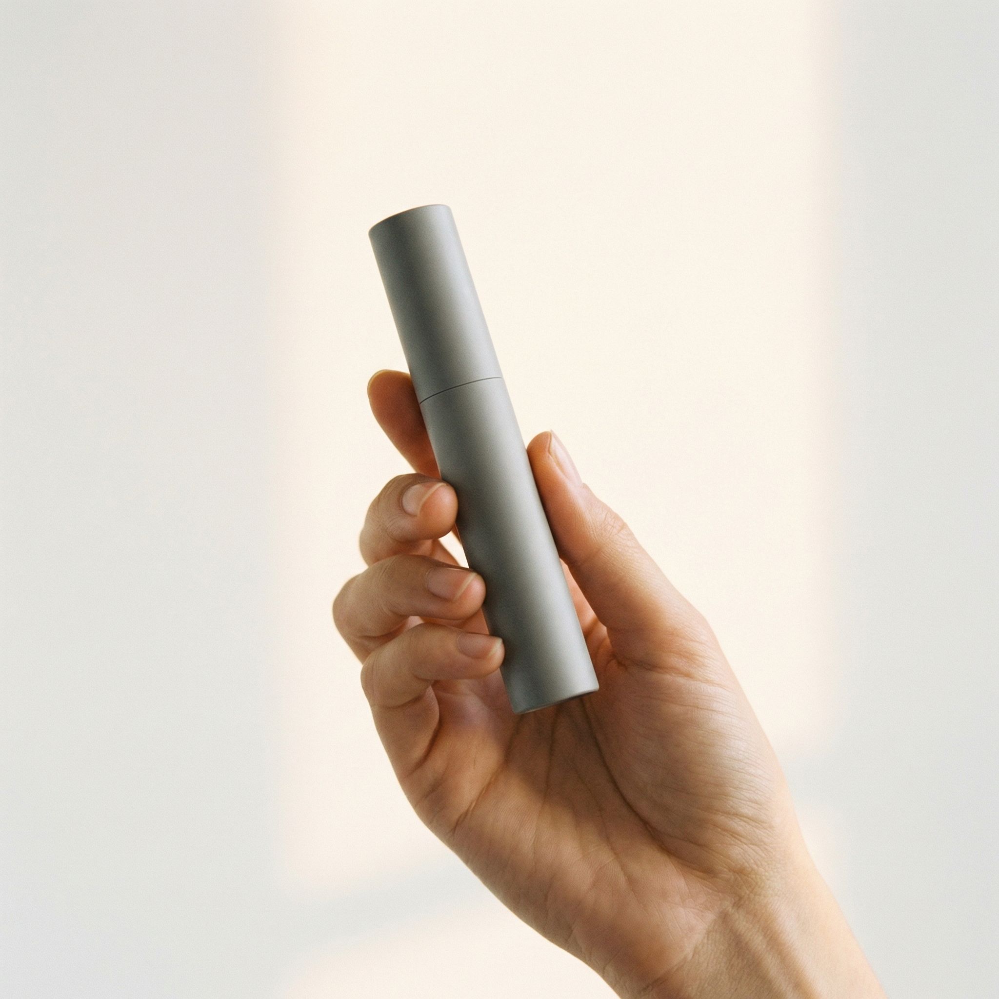 Hand Holding Minimalist Grey Cosmetic Tube