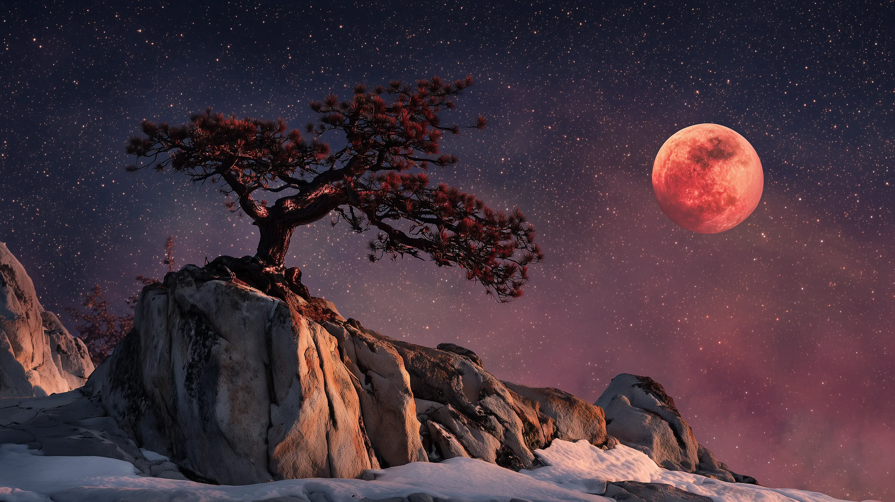 Red Moon Over Rocky Pine Landscape