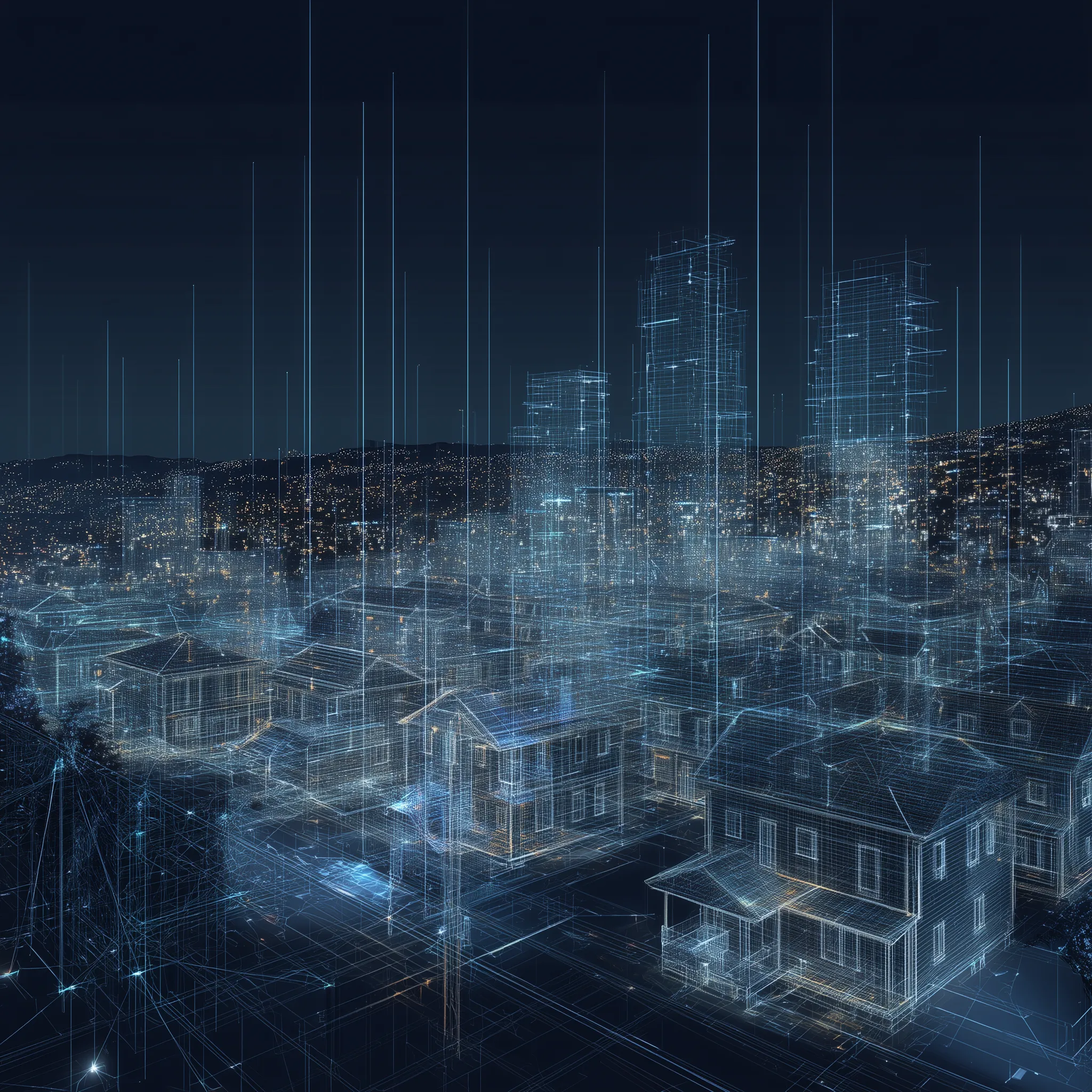 Futuristic Smart City Wireframe at Night