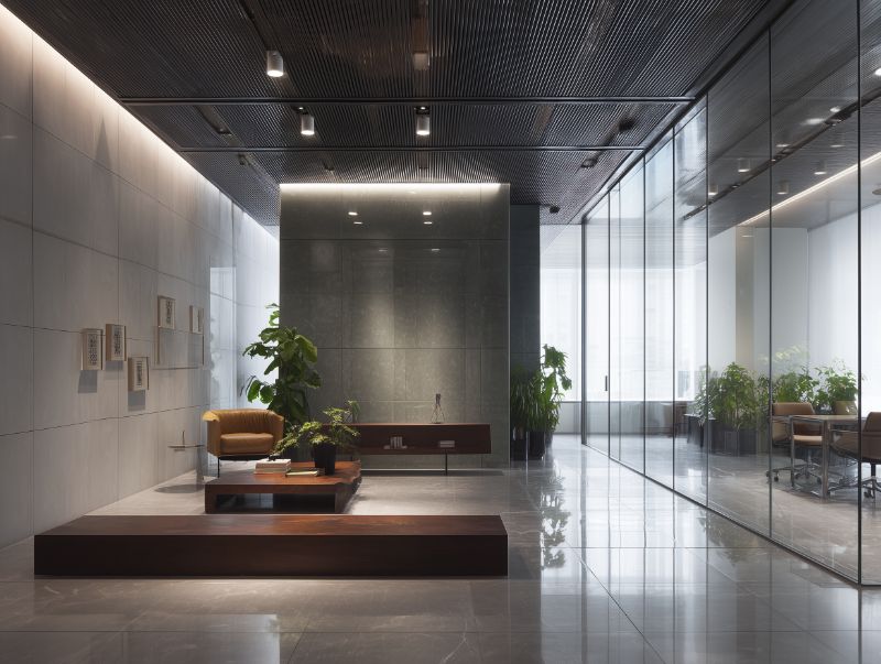Modern minimalist office lobby with glass partitions