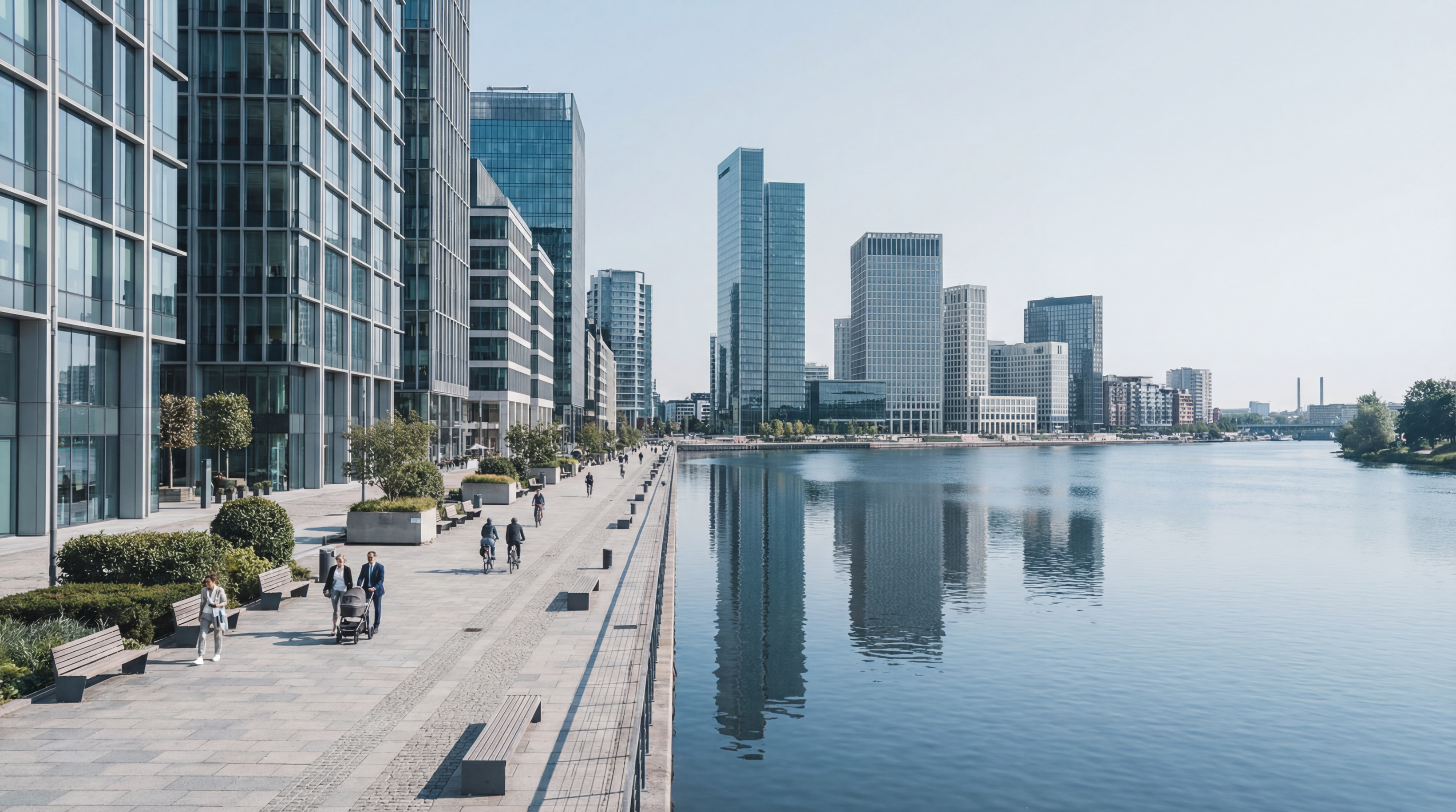 Modern riverside business district skyline