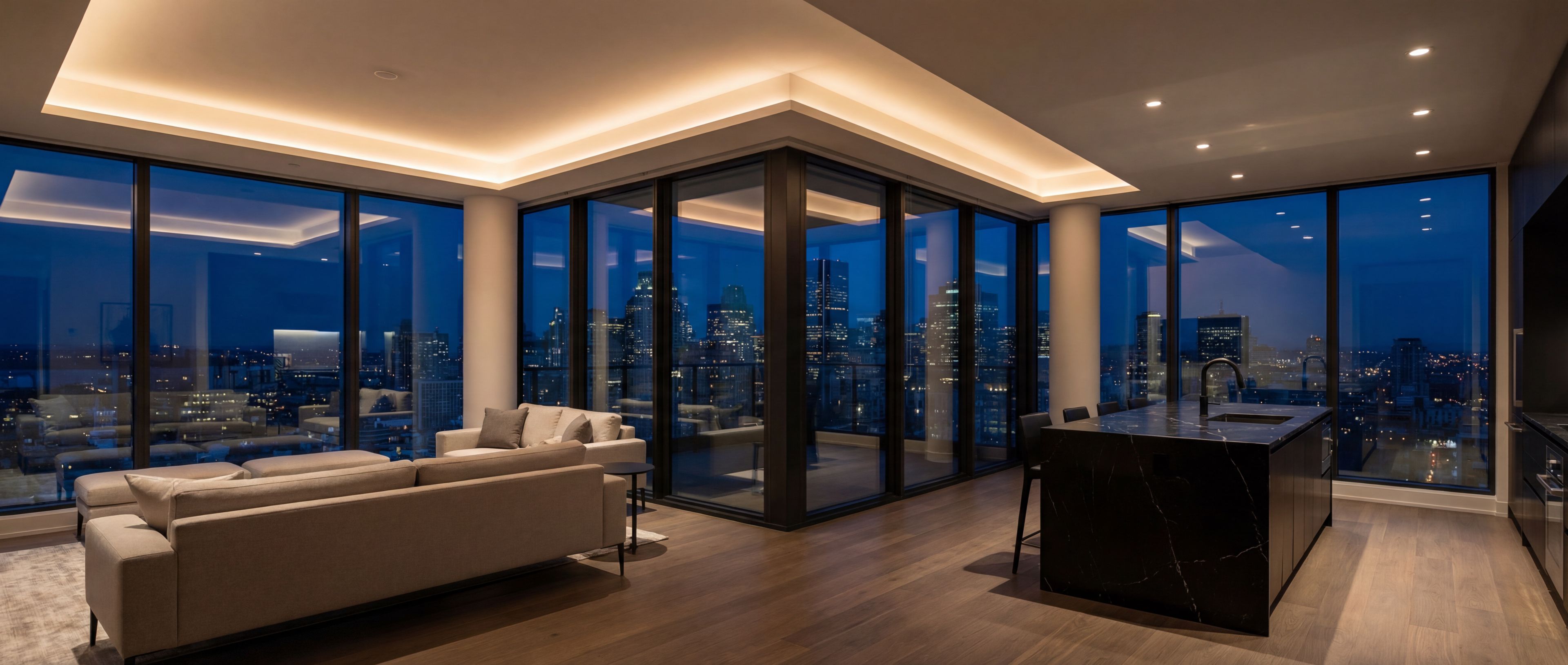 Luxury penthouse living room with city skyline