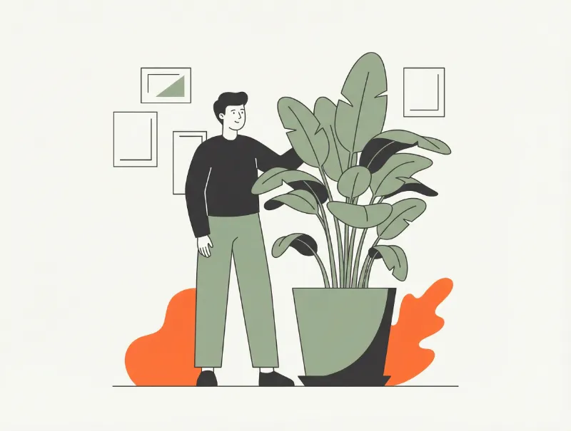 Man with large potted indoor plant illustration