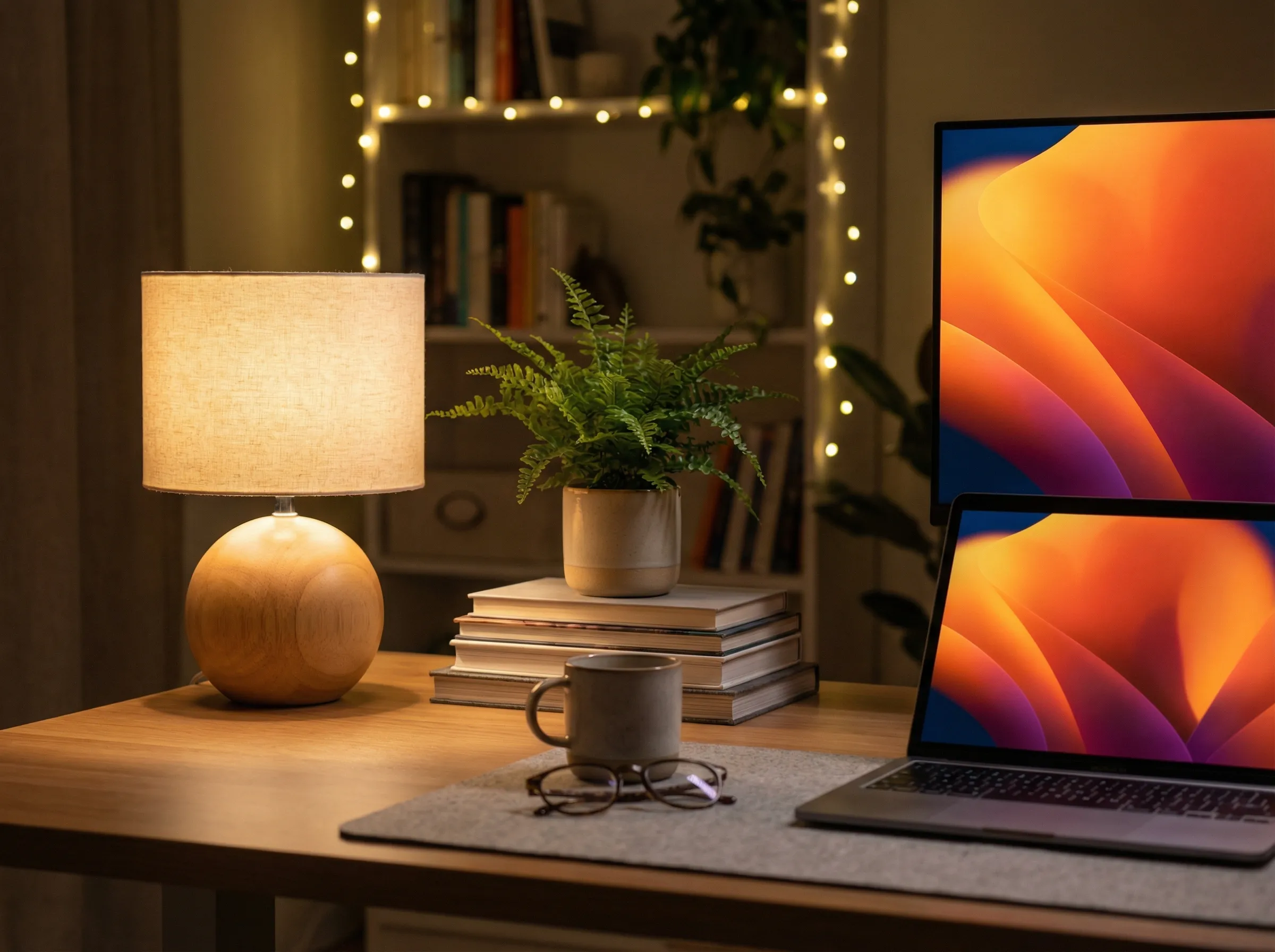 Cozy home office desk with laptop and lamp