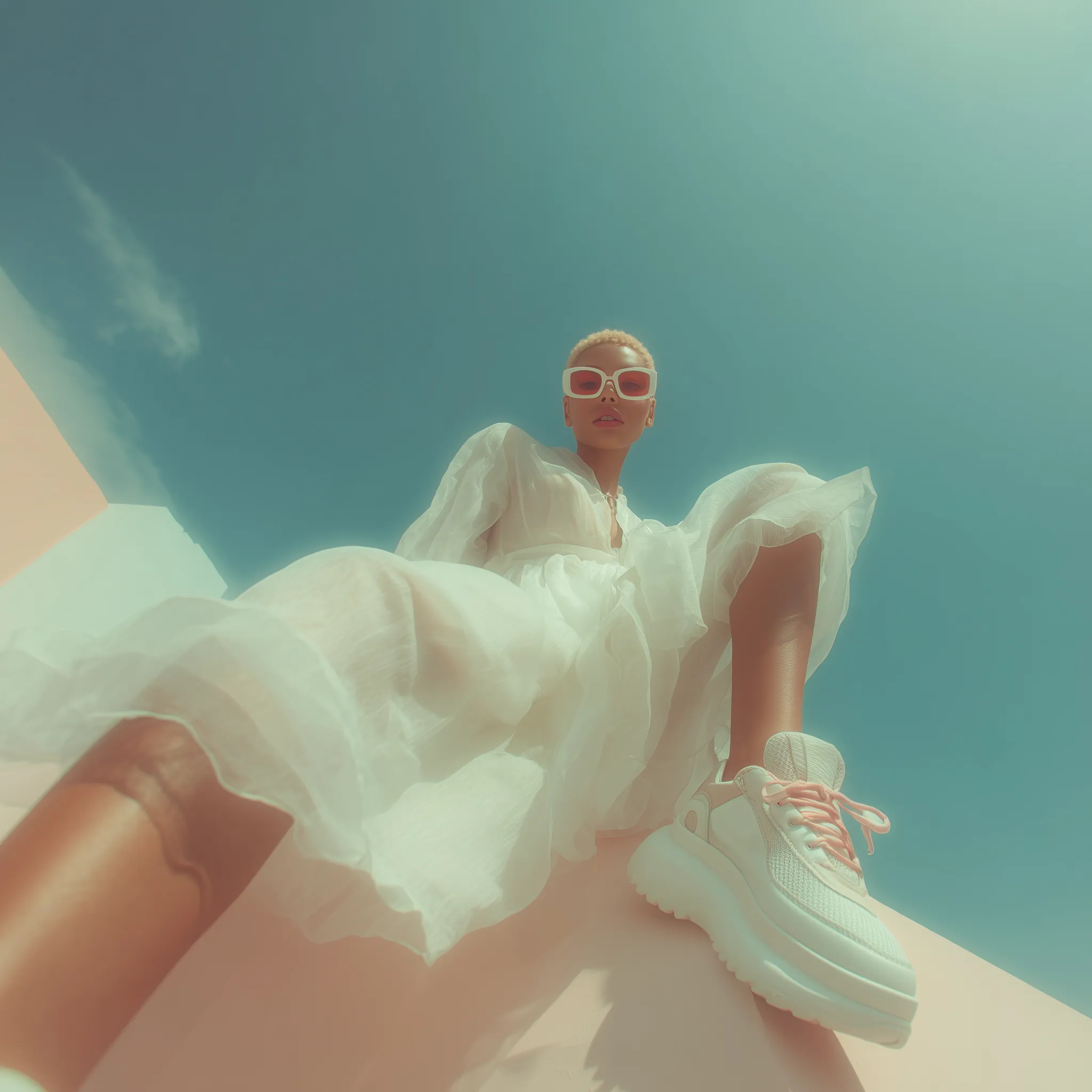 Low-Angle Fashion Portrait in Teal and Rose