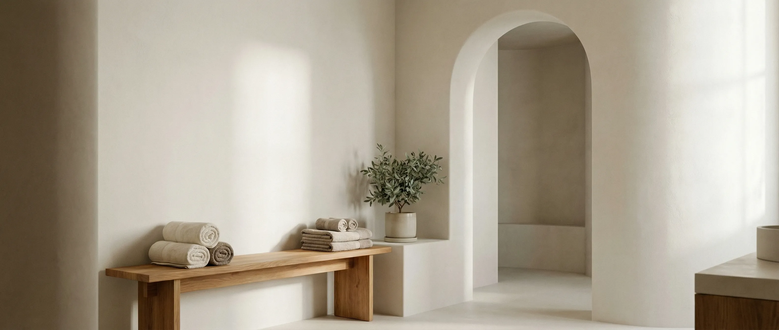 Minimalist neutral spa interior with archway