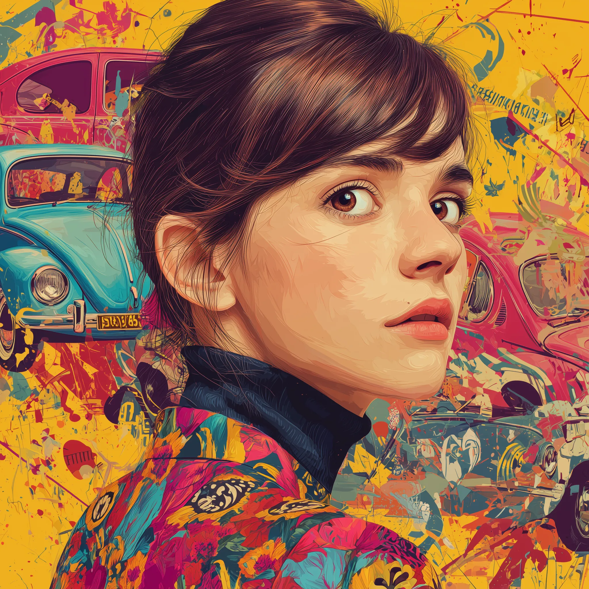 Pop Art Portrait with Vintage Cars