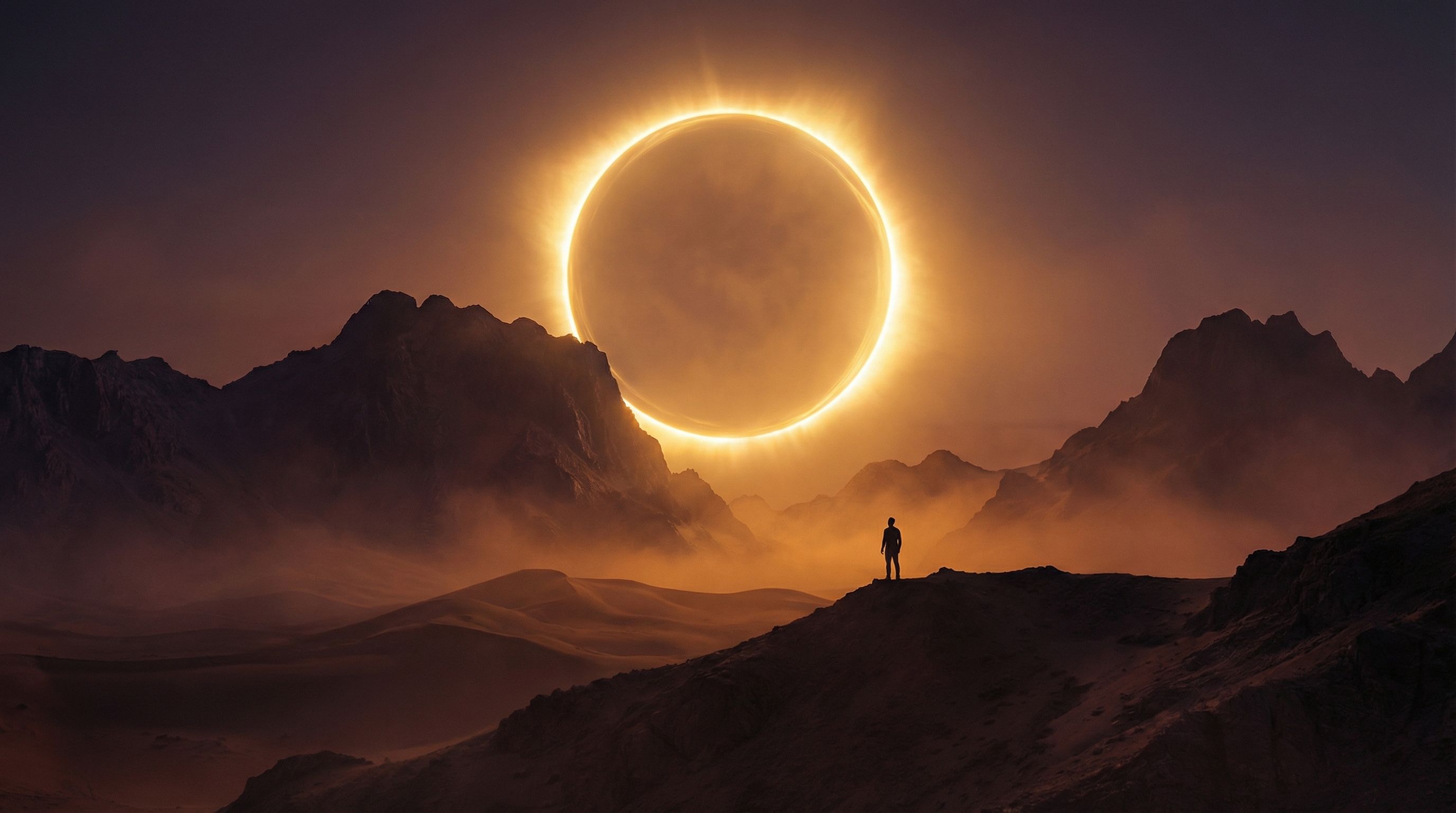 Lone figure under glowing solar eclipse ring