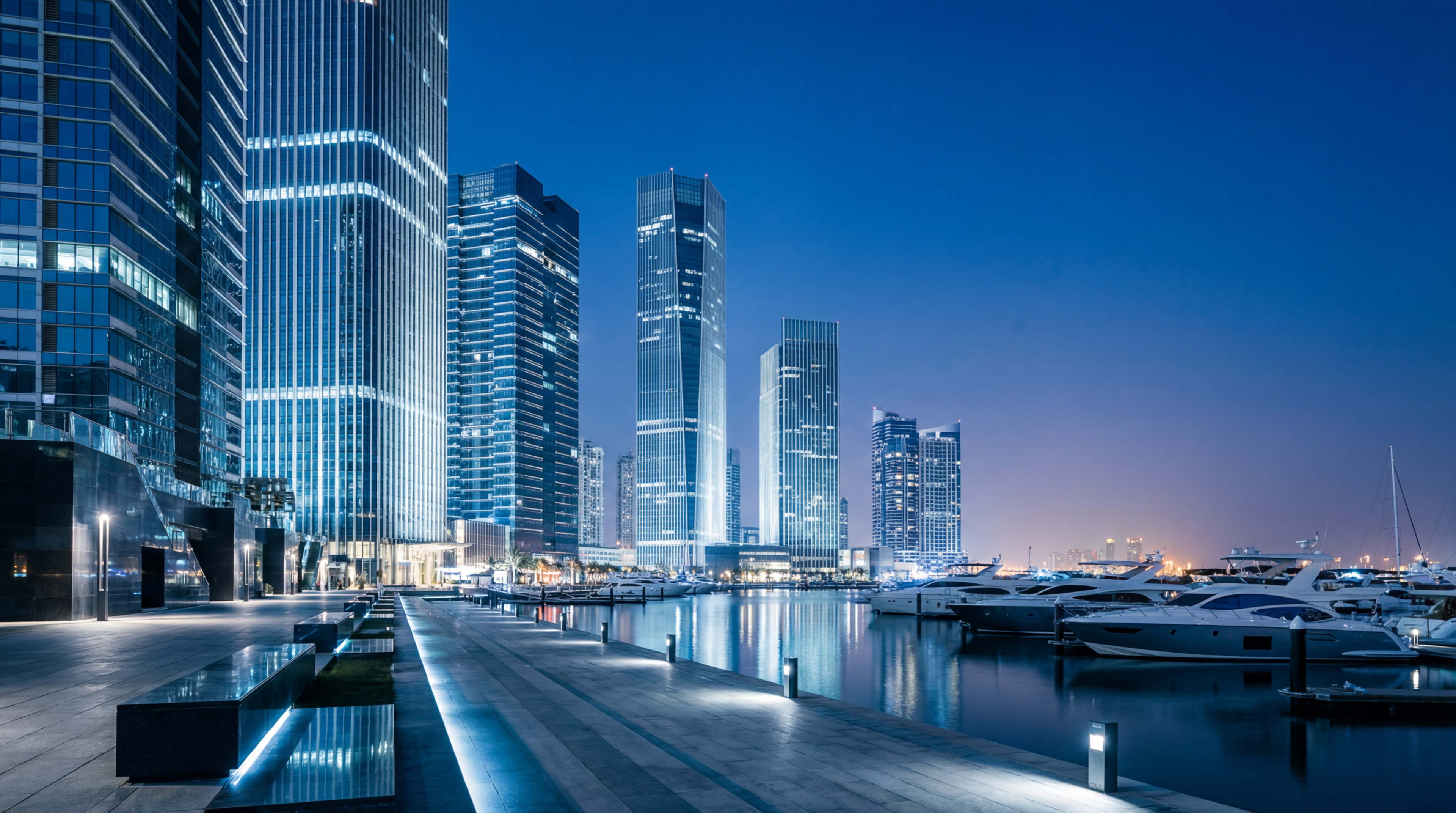 Modern waterfront city skyline at dusk