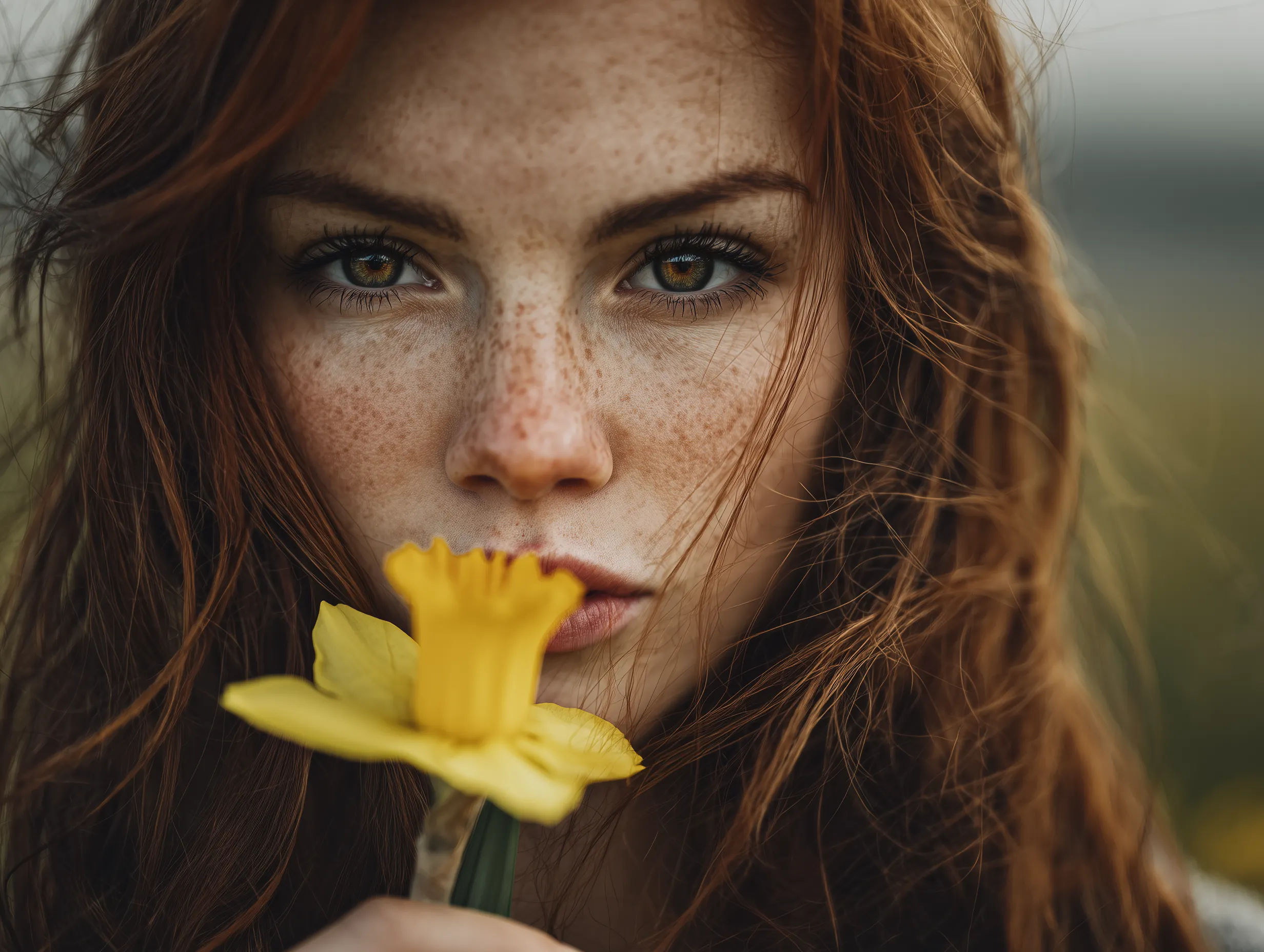 Freckled Redhead Portrait with Yellow Daffodil