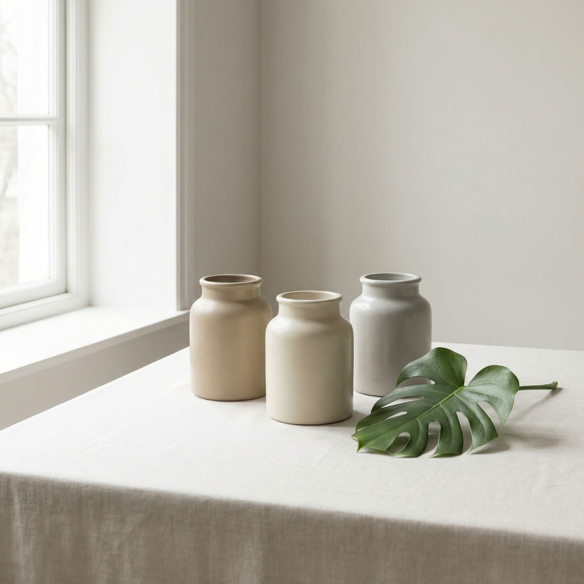 Minimalist ceramic vases on light table