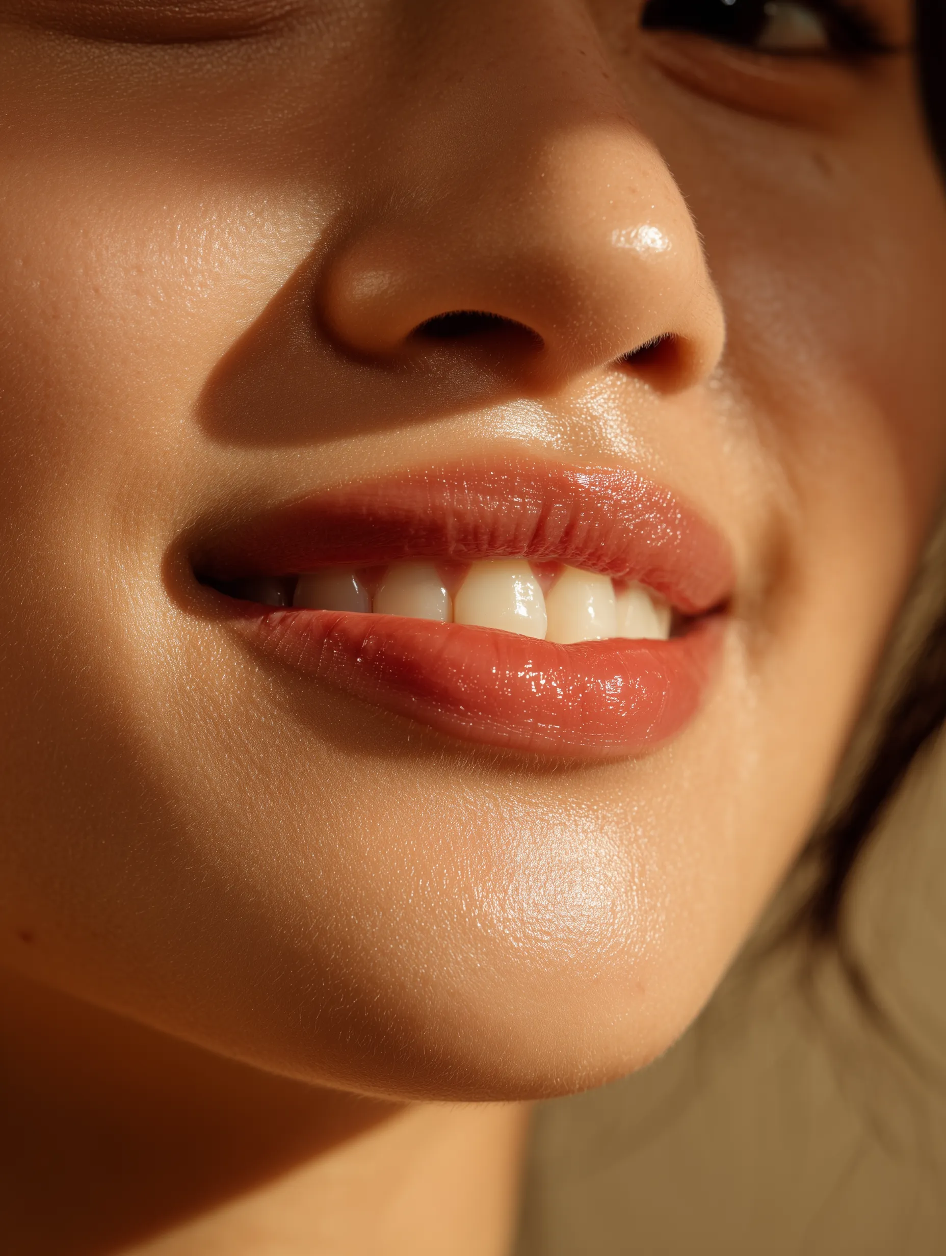 Close-up of smiling lips in warm sunlight