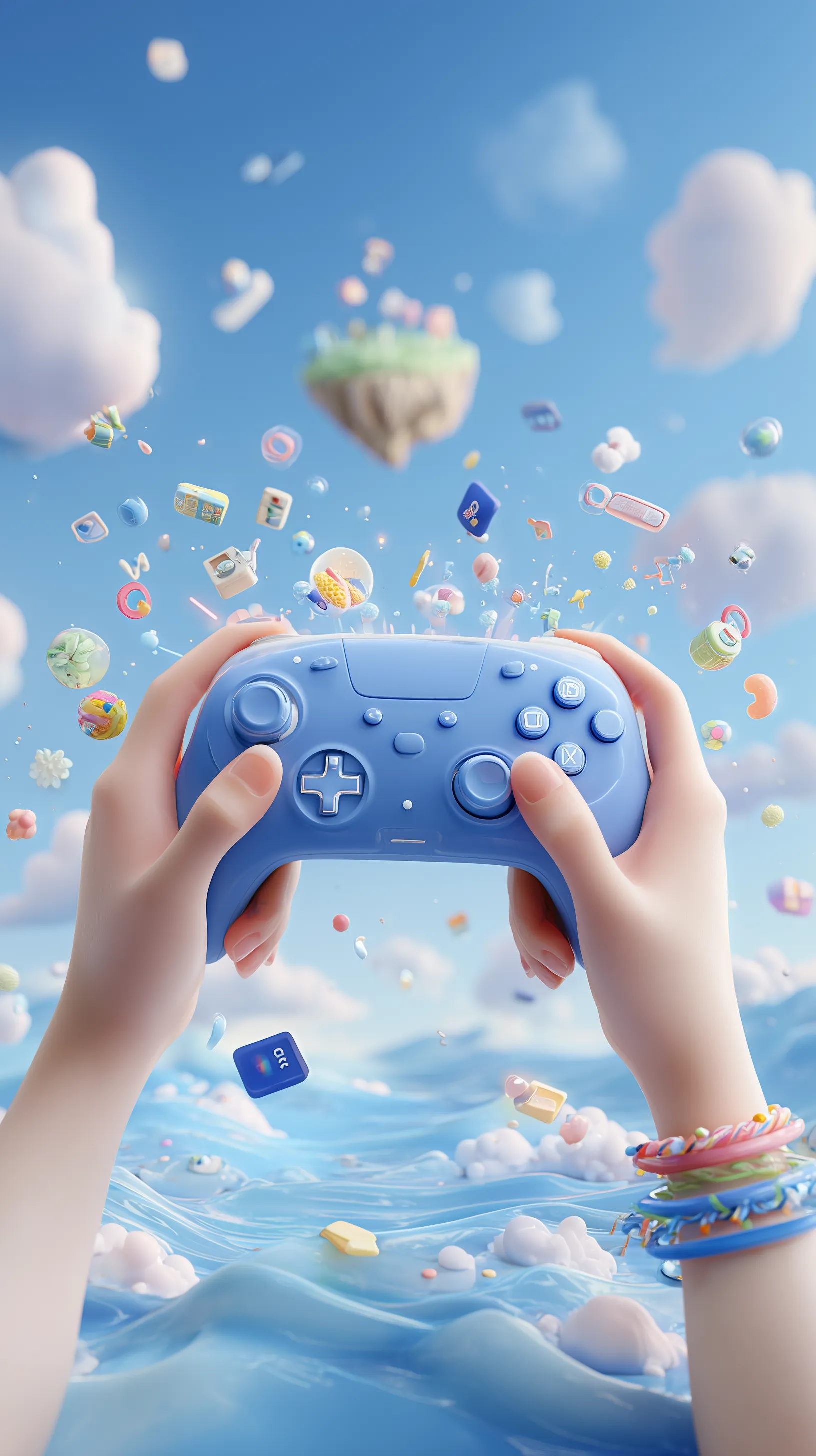 Hands Holding Blue Game Controller in Fantasy Sky