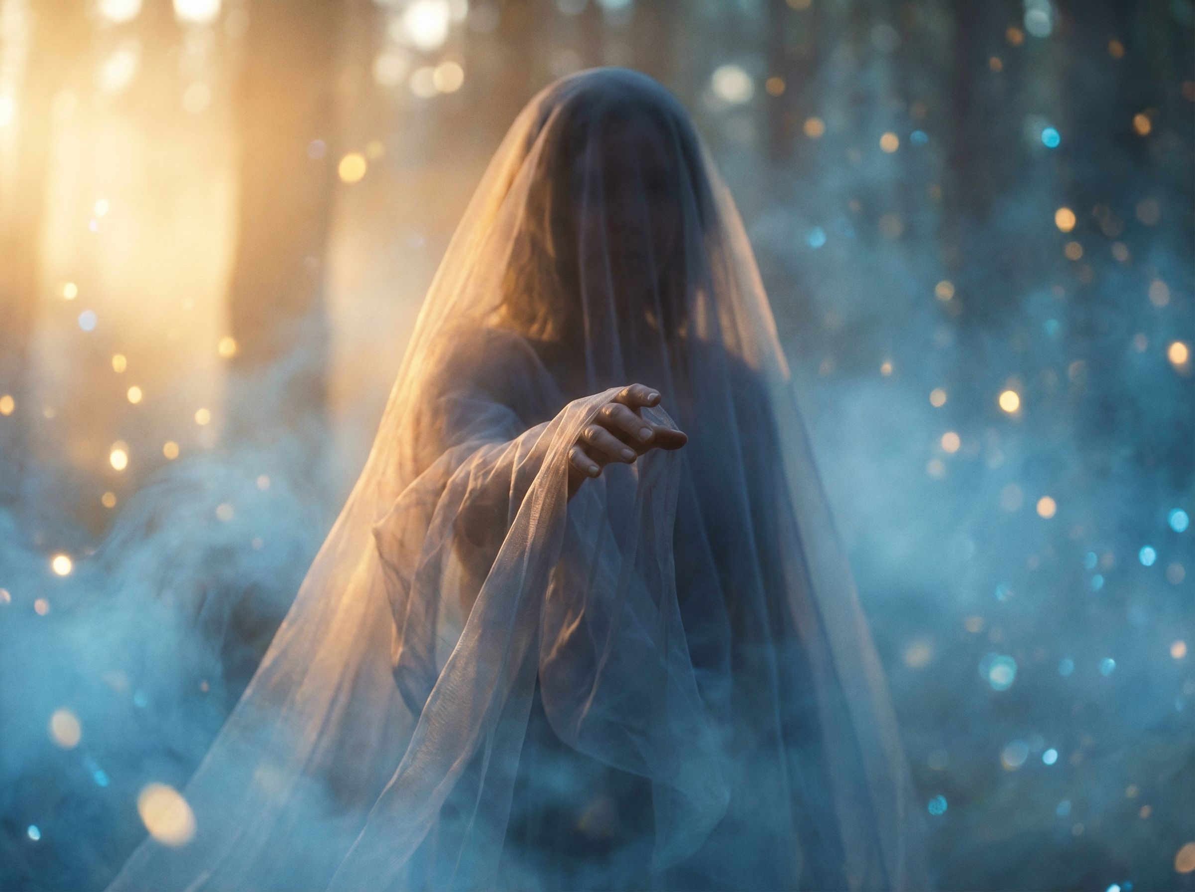 Mystical veiled figure in enchanted forest
