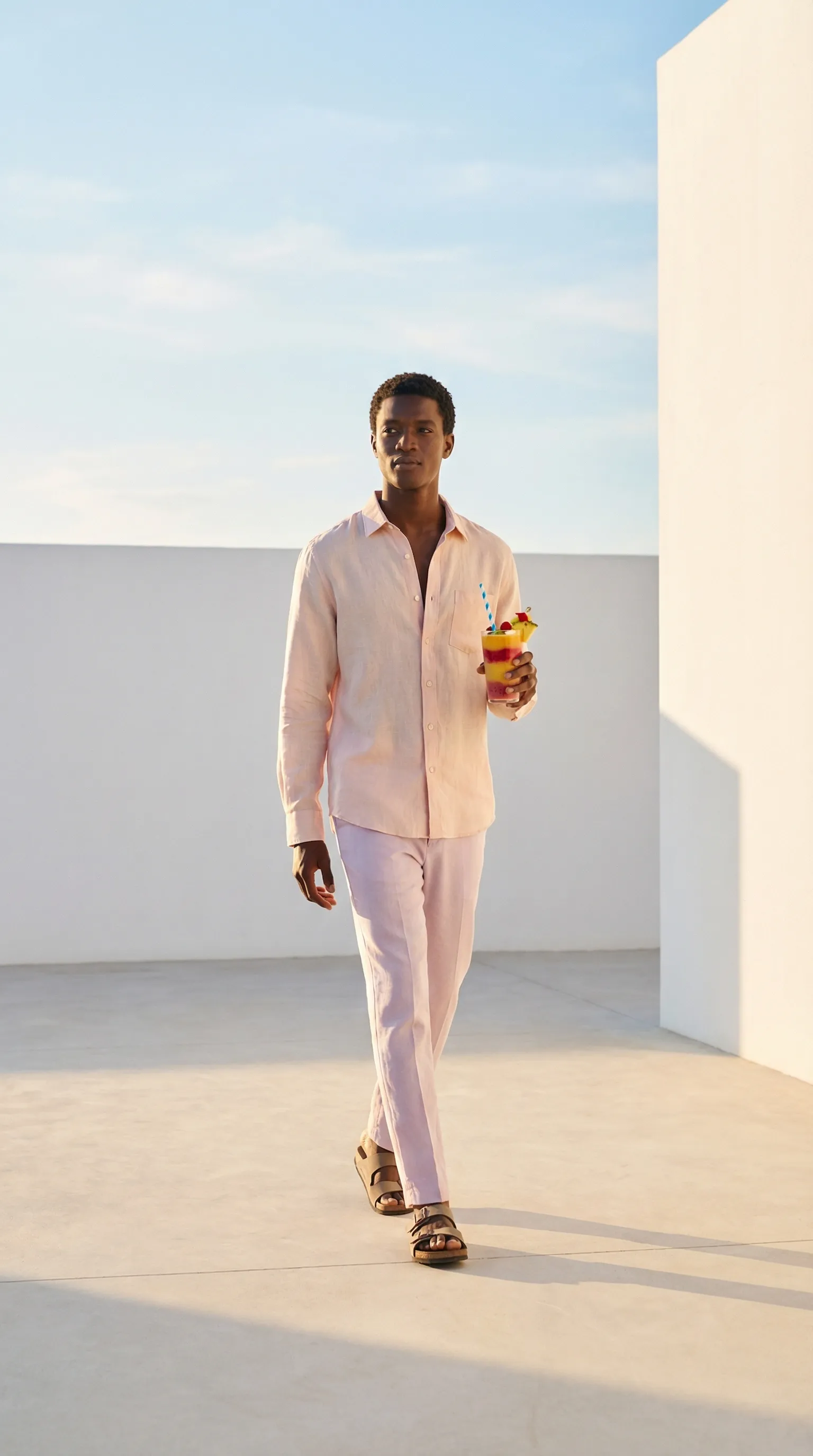 Man in pastel outfit walking with tropical drink