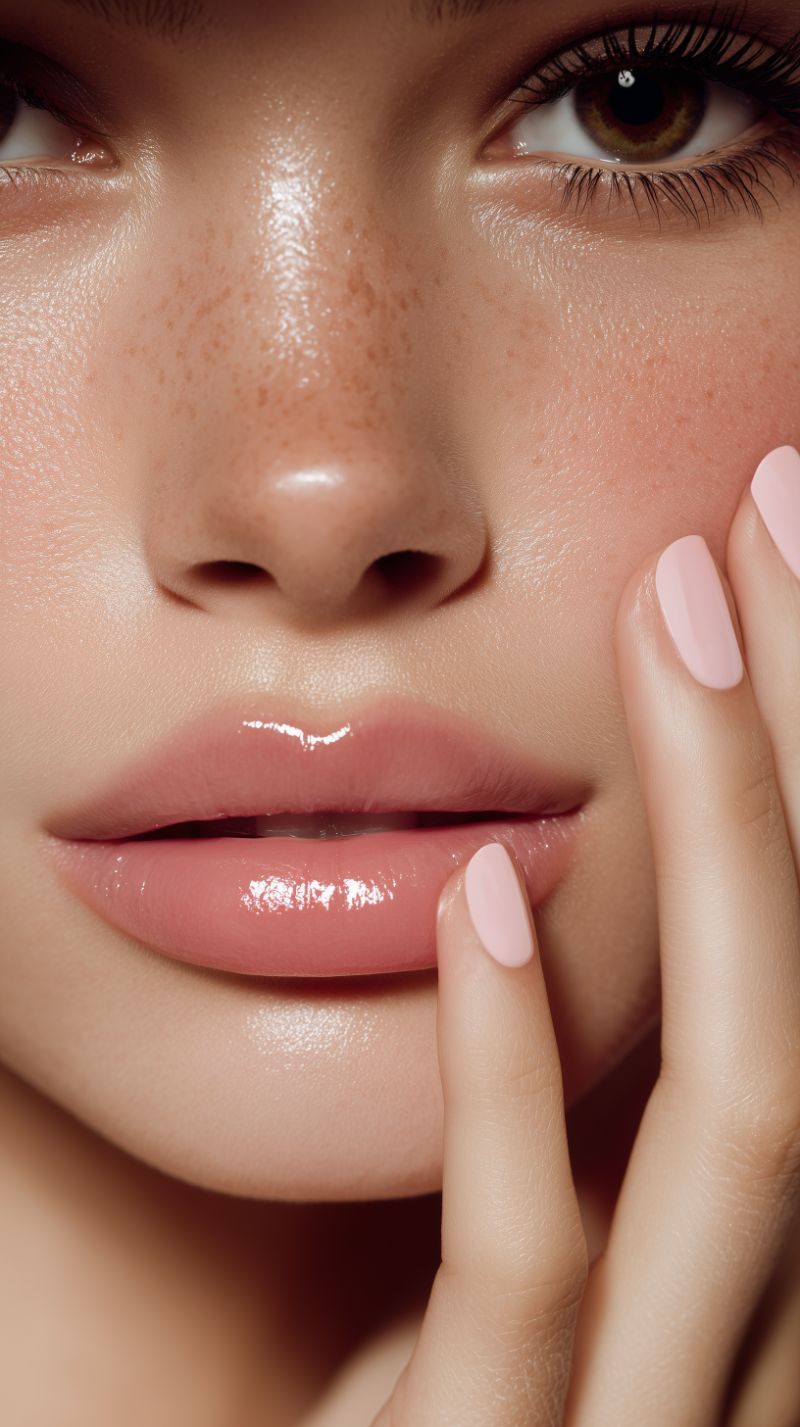 Close-up of glossy lips, freckles and pastel pink nails