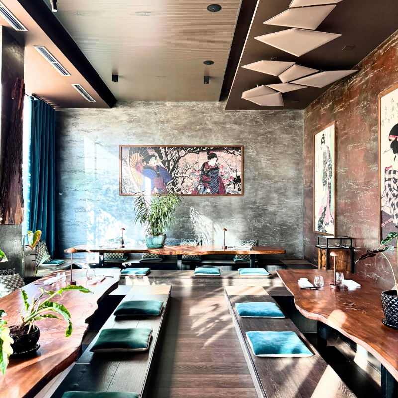 Modern Japanese Restaurant Interior with Ukiyo-e Art