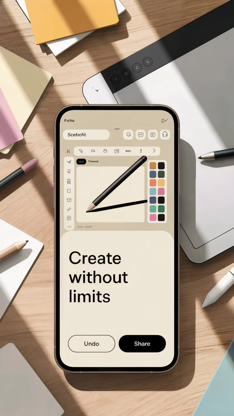 Top-down desk scene with design app on smartphone
