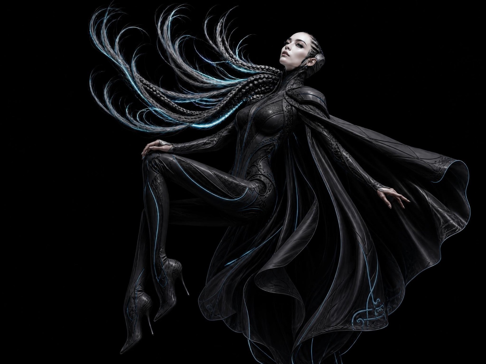 Futuristic Female Figure in Dark Intricate Armor