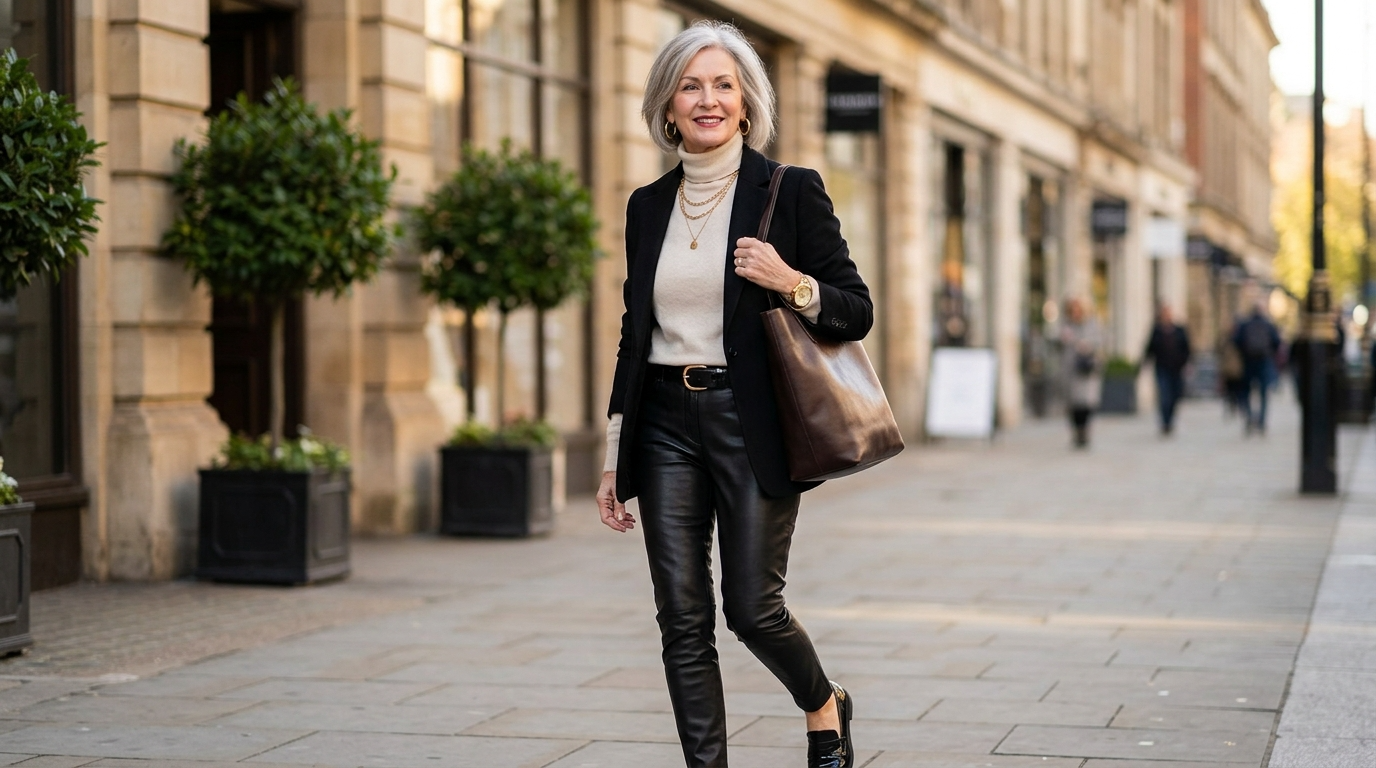 Older woman wearing leather pants with polished accessories