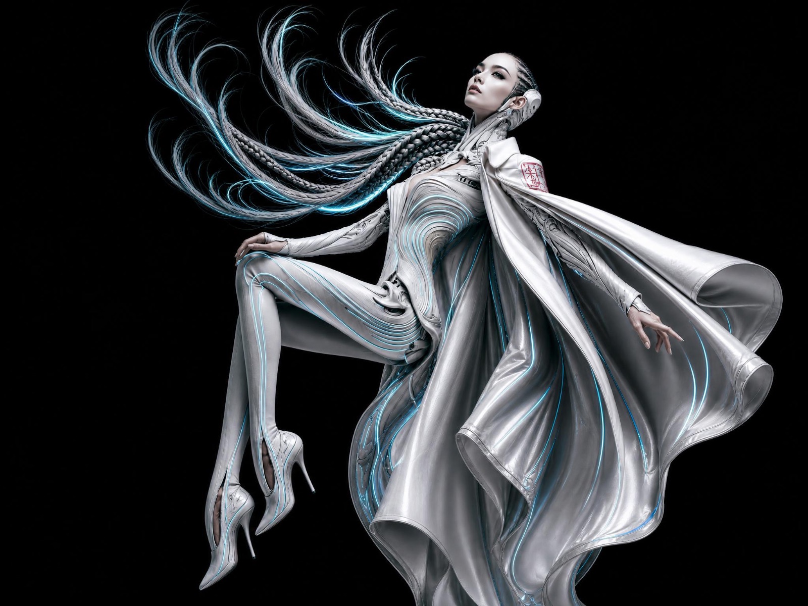 Futuristic Cybernetic Woman in White Suit