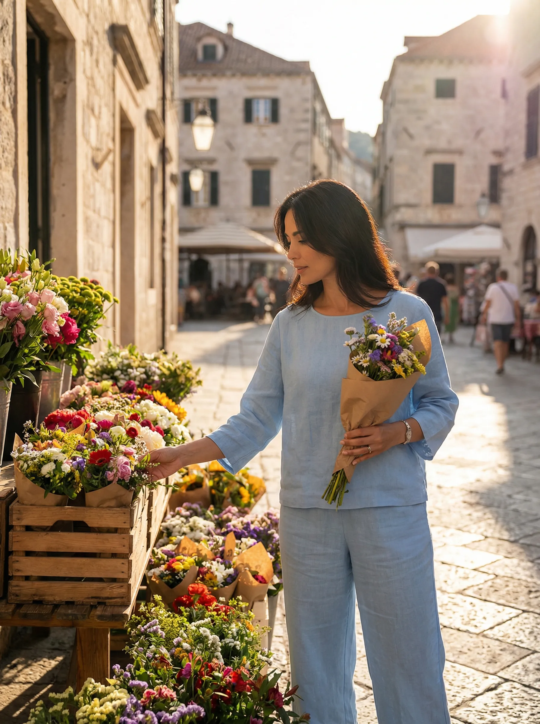 Woman choosing flowers at street market
