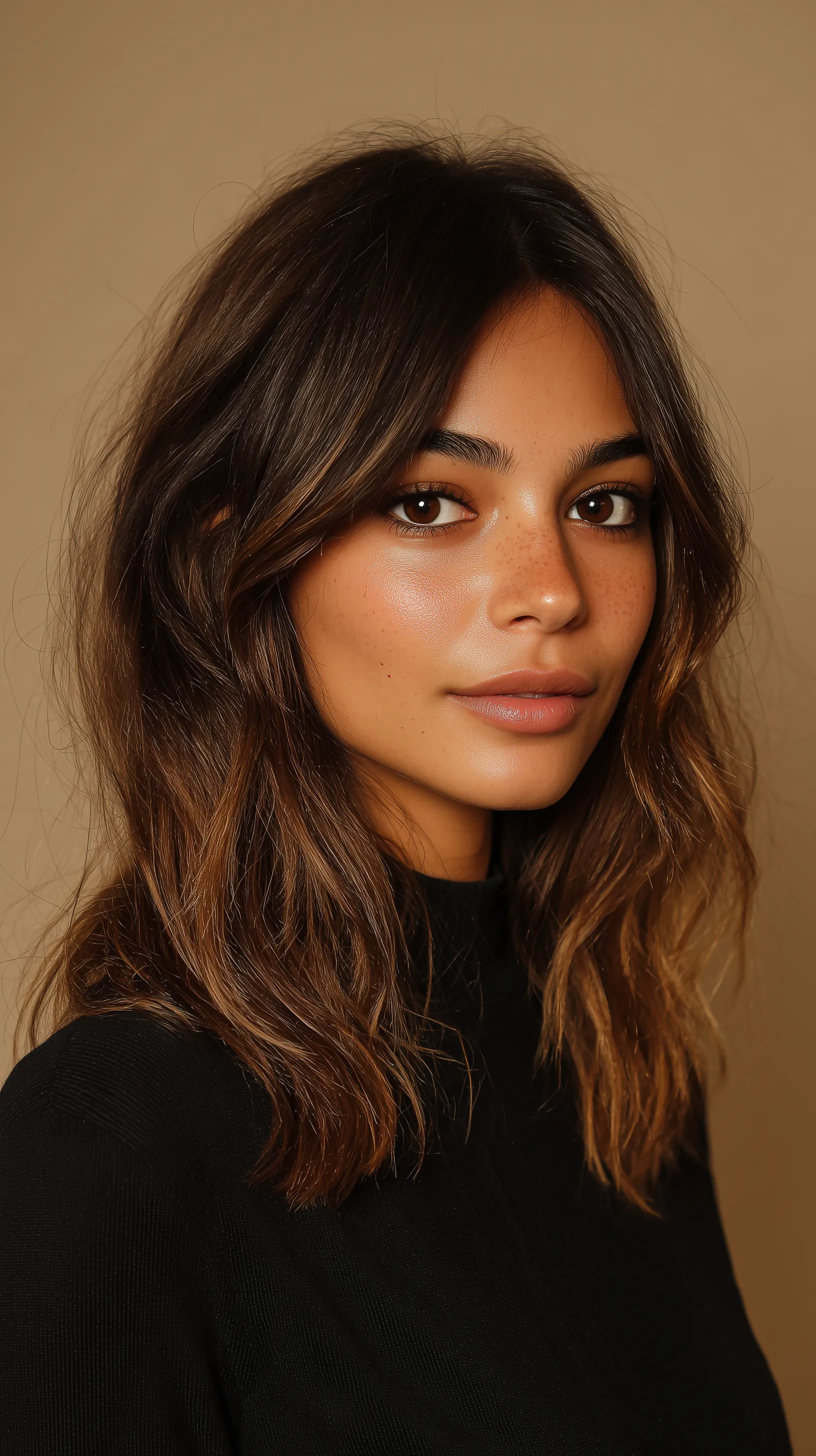 Warm studio portrait of woman in black top