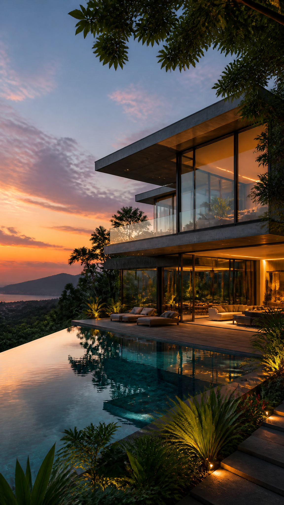 Modern glass villa at dusk in lush landscape