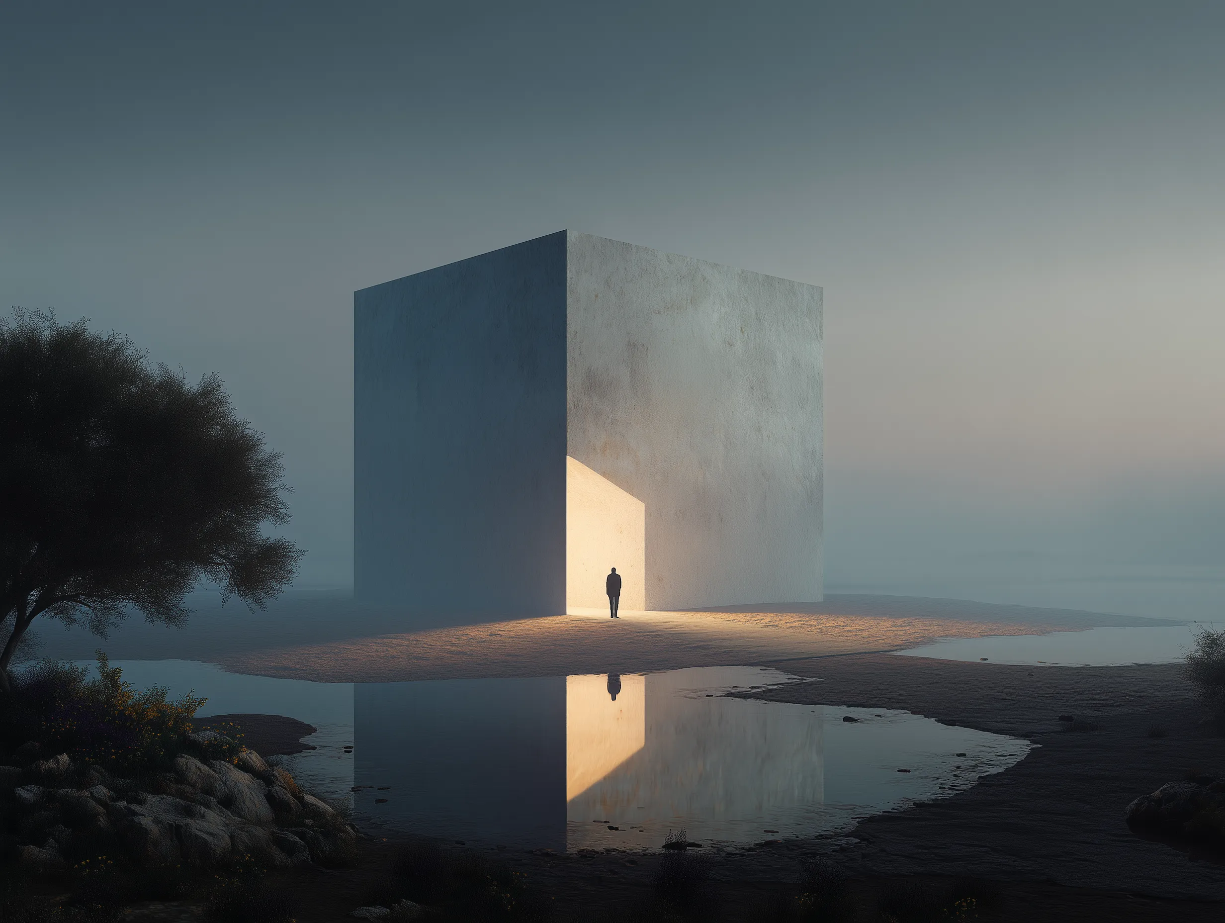 Solitary figure at glowing monolith doorway