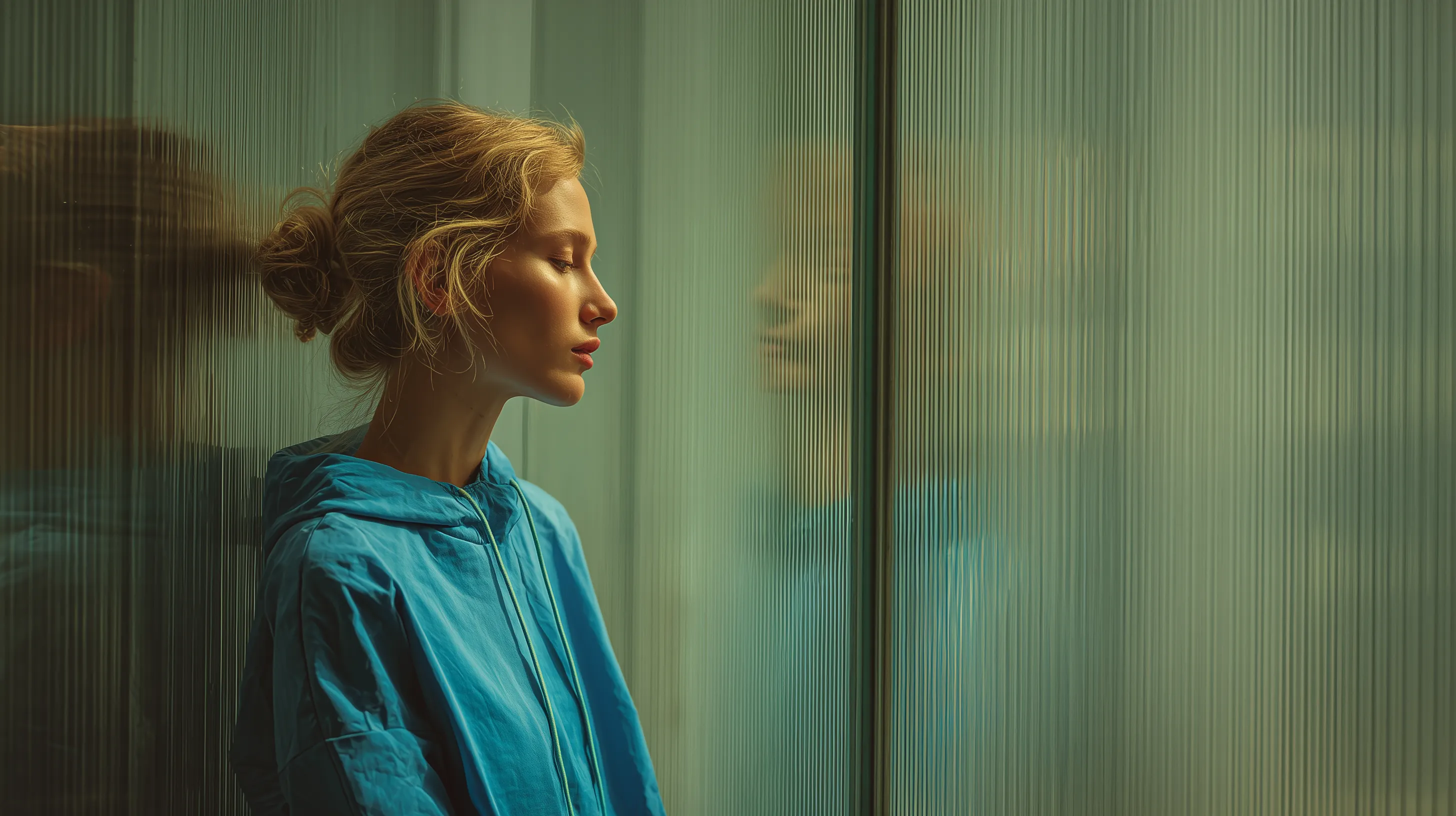 Woman in blue jacket leaning on glass wall